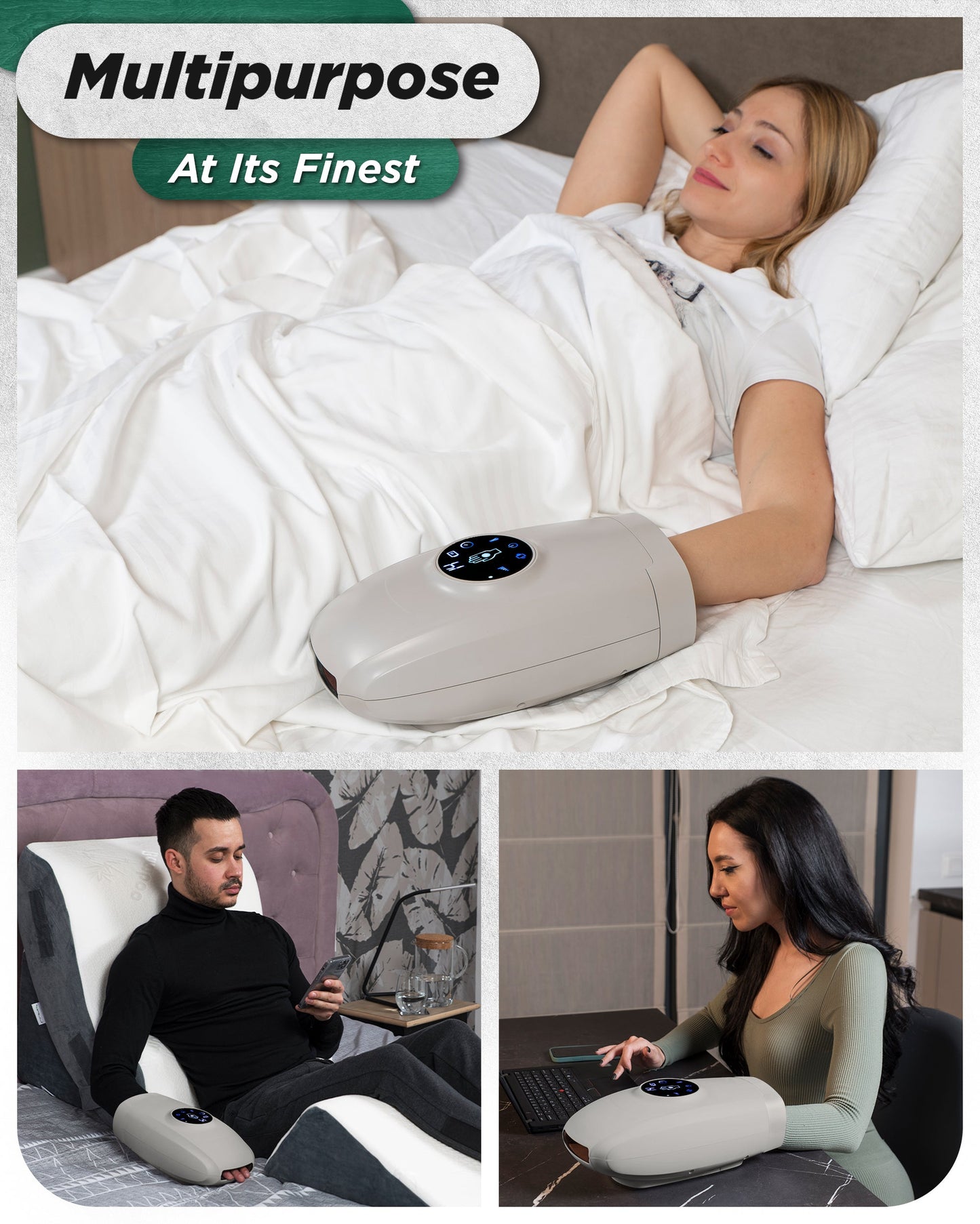 LX7 LCD Touchscreen Hand Massager, Heated Air Compression, Cloud Gray