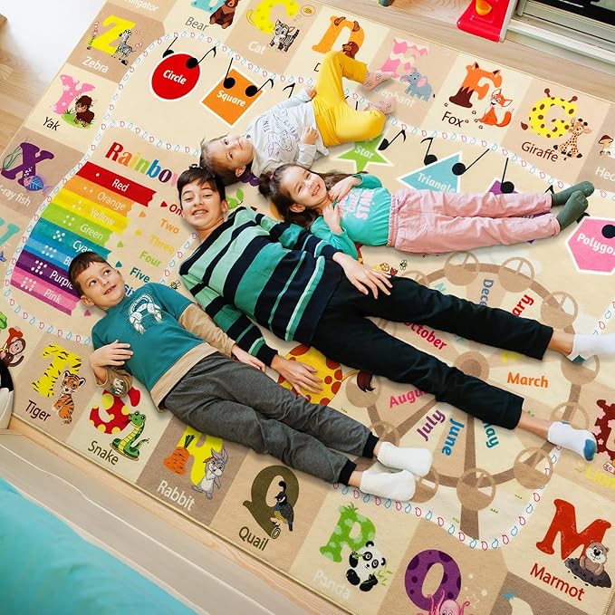 Kids Rugs for Playroom Washable, Educational and Fun Learning Rugs with ABC Alphabet Animals Shapes, Baby Toddler Children's Play Mat for Bedroom Classroom Nursery, 5x7 Feet, Beige and Pink