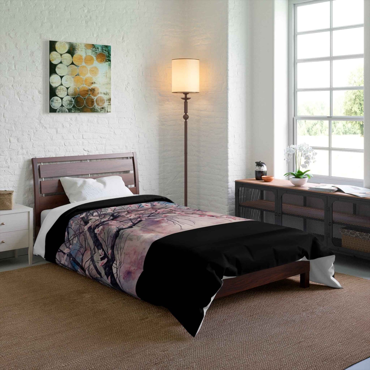 Cherry Blossom Comforter Lightweight Pink Watercolor Tree Bedding Microfiber