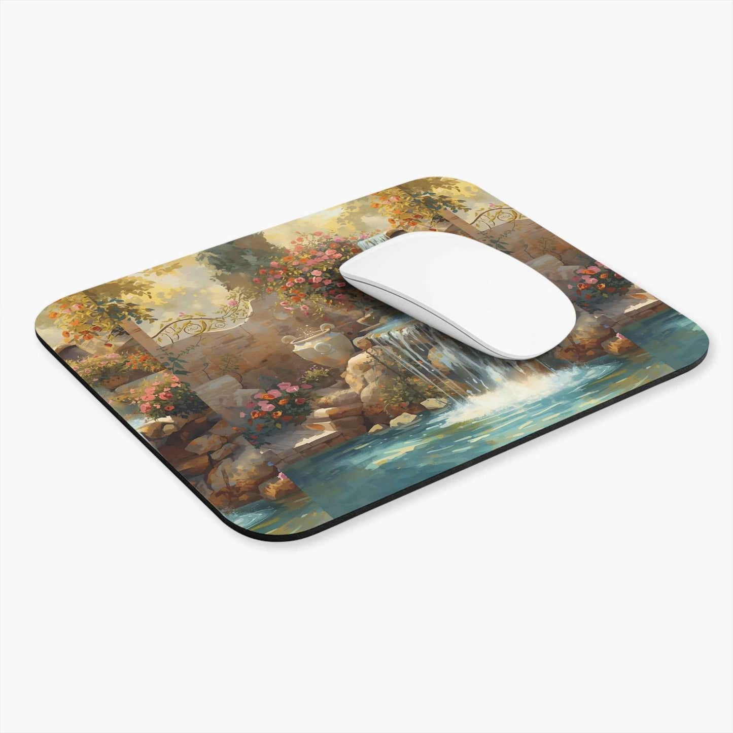 Tuscan Garden Mouse Pad – Serene Waterfall Home Office Decor