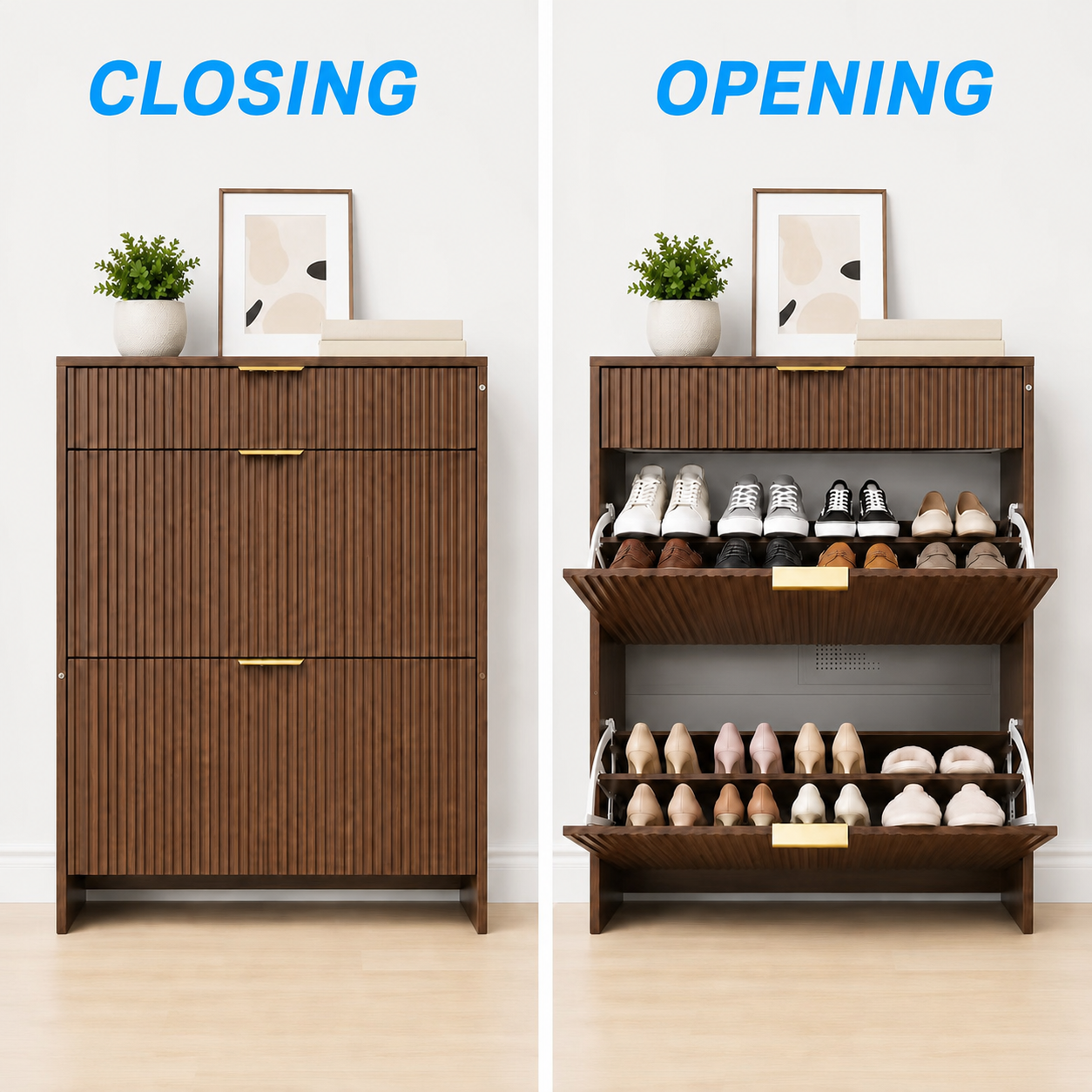 Narrow Fluted Shoe Storage Cabinet for Entryway