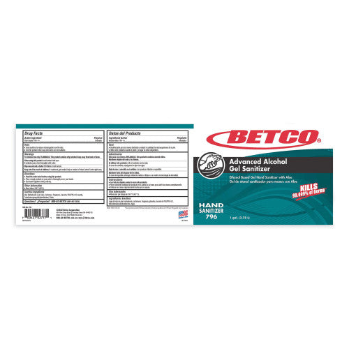 Betco Advanced Gel Hand Sanitizer, 1 gal Bottle, Light Fresh Scent, 4/Carton (7960400)