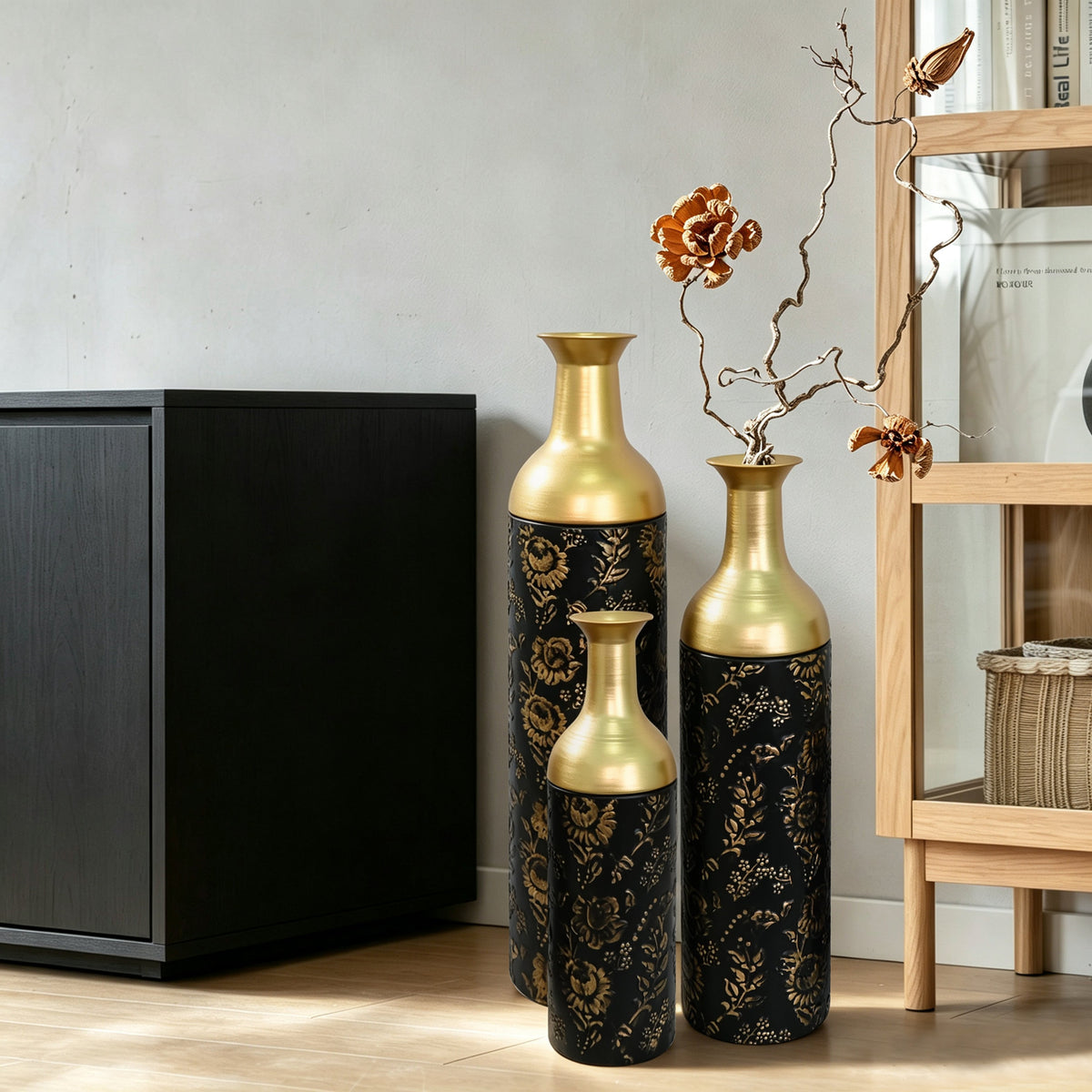 Decorative Metal Vases Set of 3, Leaf Pattern Floor Vases