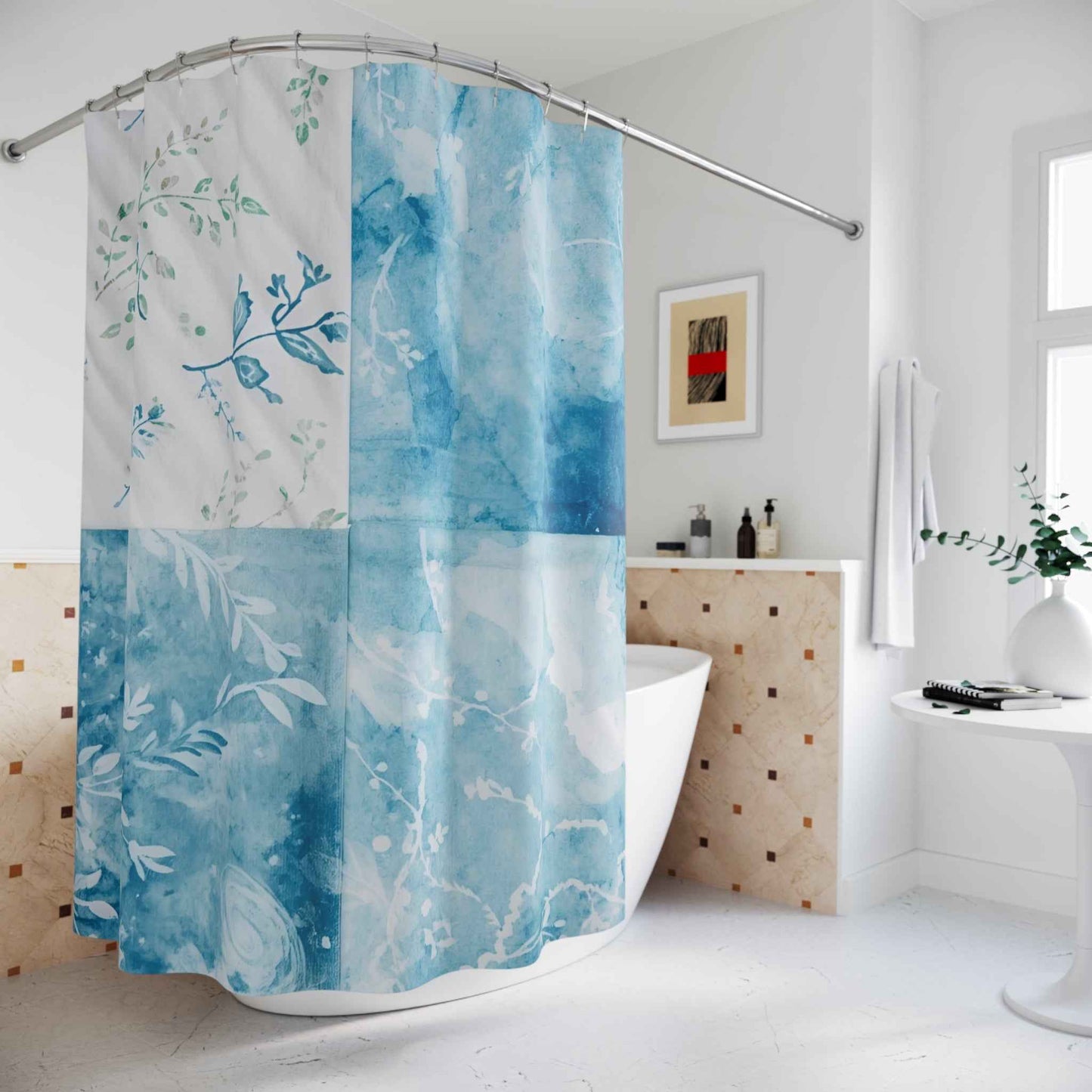 Blue Watercolor Floral Shower Curtain – Premium Poly-Blend