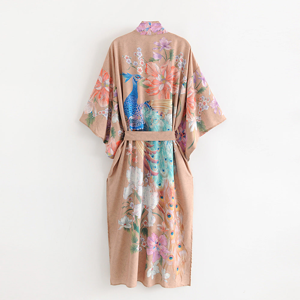 Peacock Print Kimono Cardigan Jacket Streetwear Loose Fit