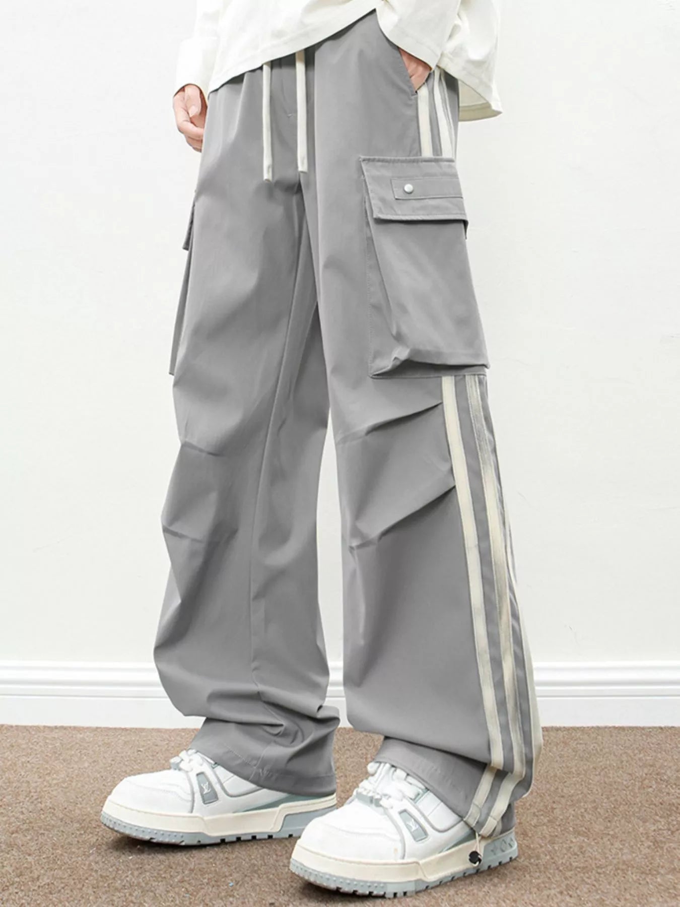 Men's Plus Size Casual Loose Cargo Pants with Side Stripes