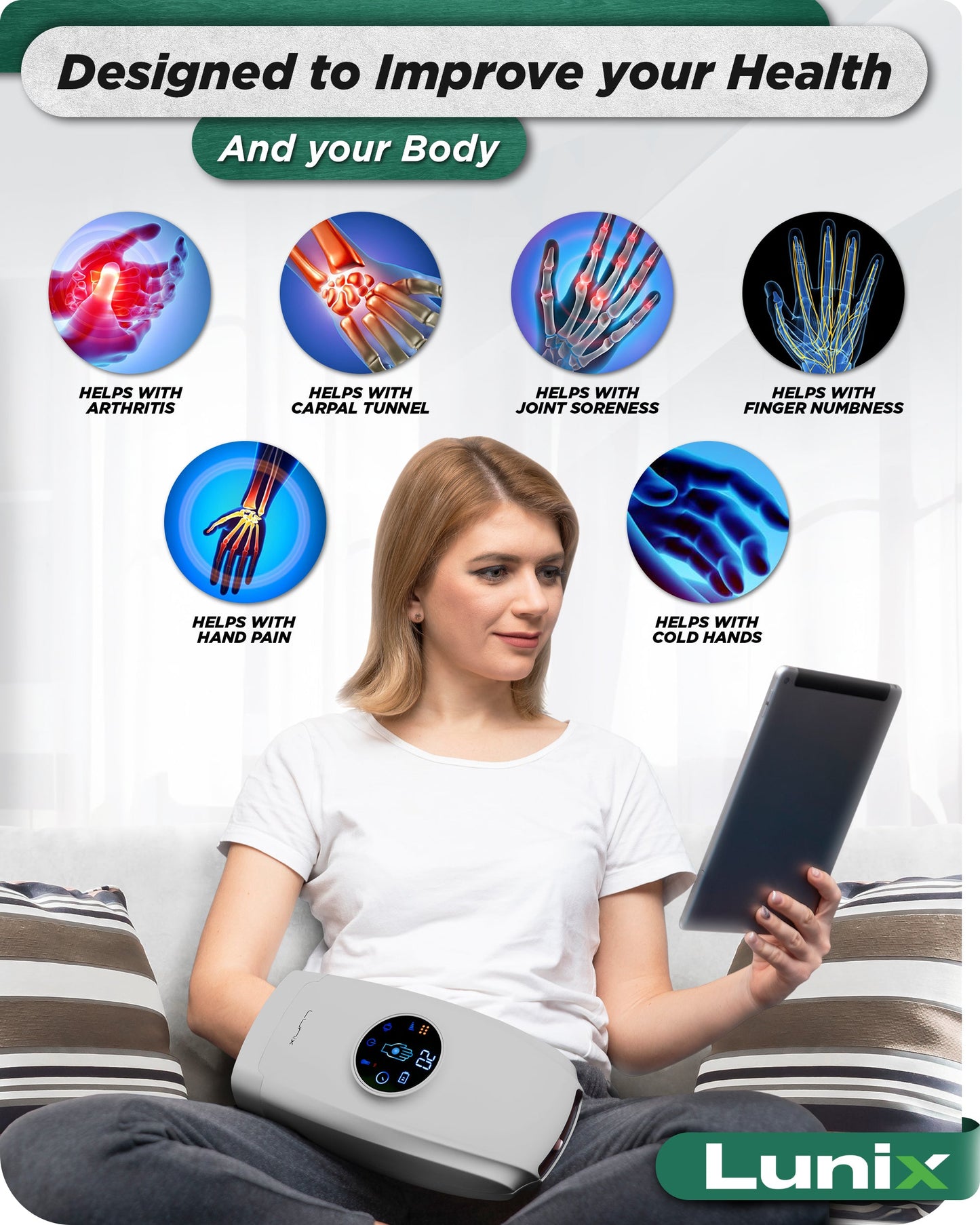LX7 LCD Touchscreen Hand Massager, Heated Air Compression, Cloud Gray