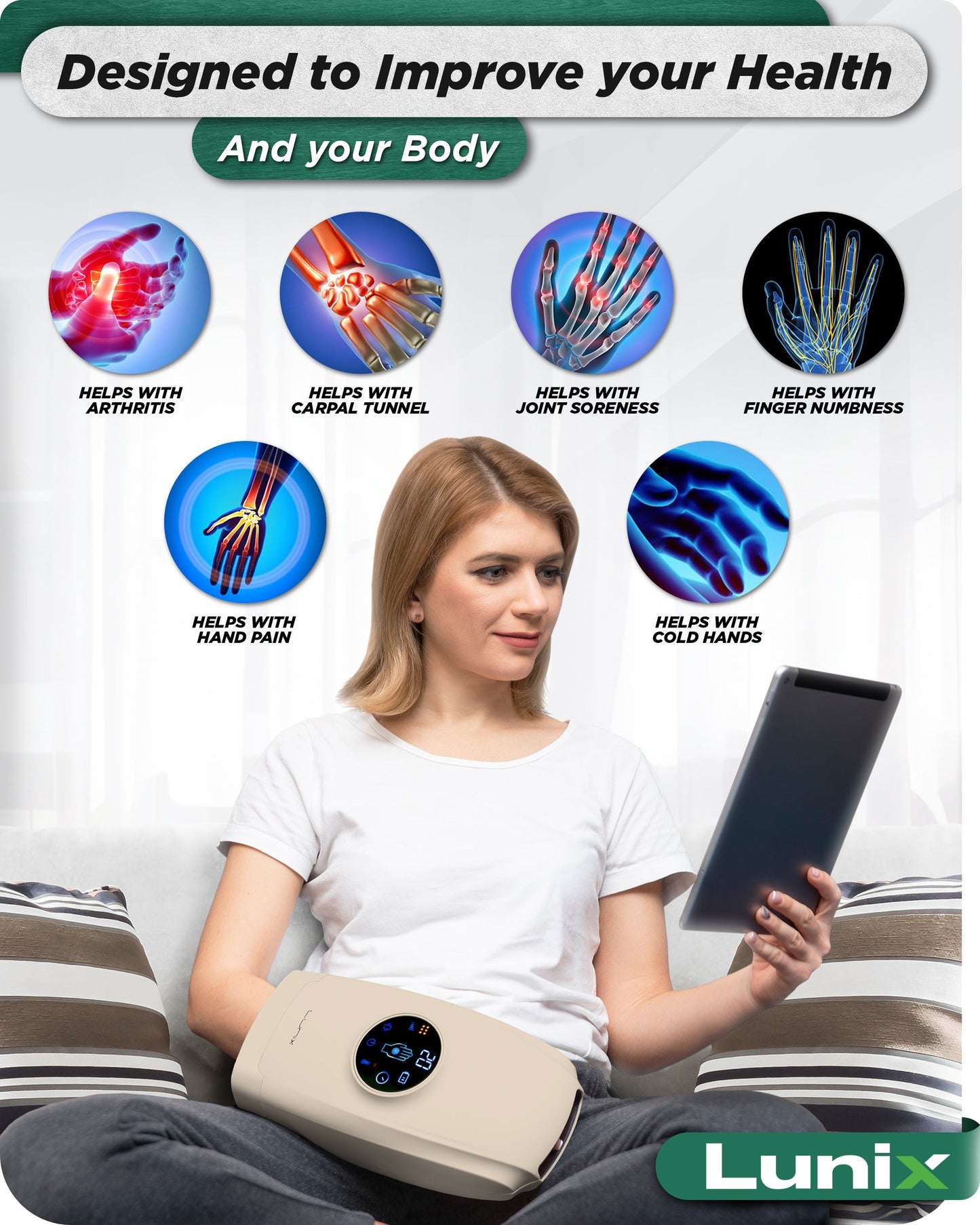LX7 LCD Touchscreen Hand Massager, Heated Air Compression, Sand Beige