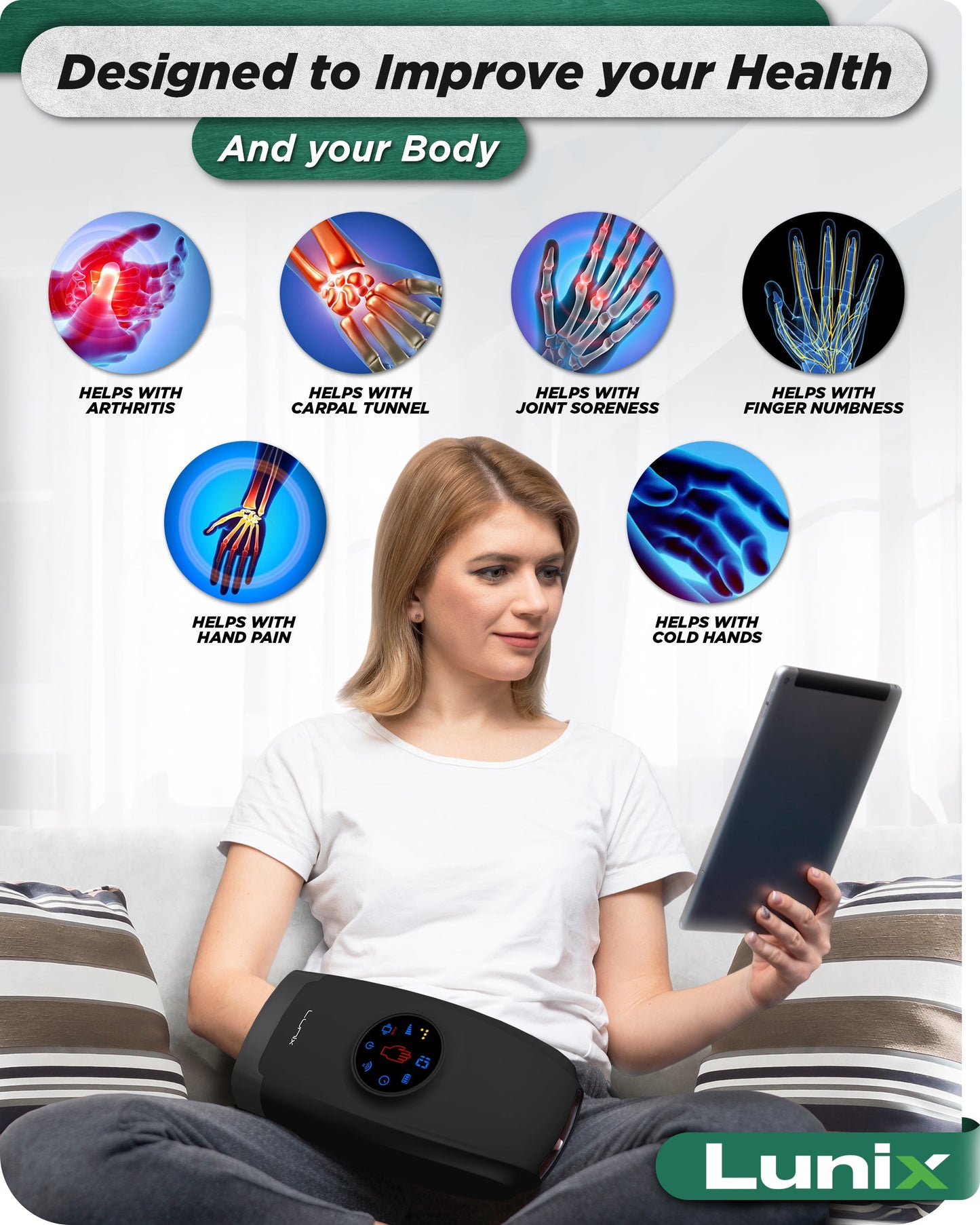 Lunix LX37 Hand Massager, Touchscreen Red Light Therapy for Hands, Charcoal Black