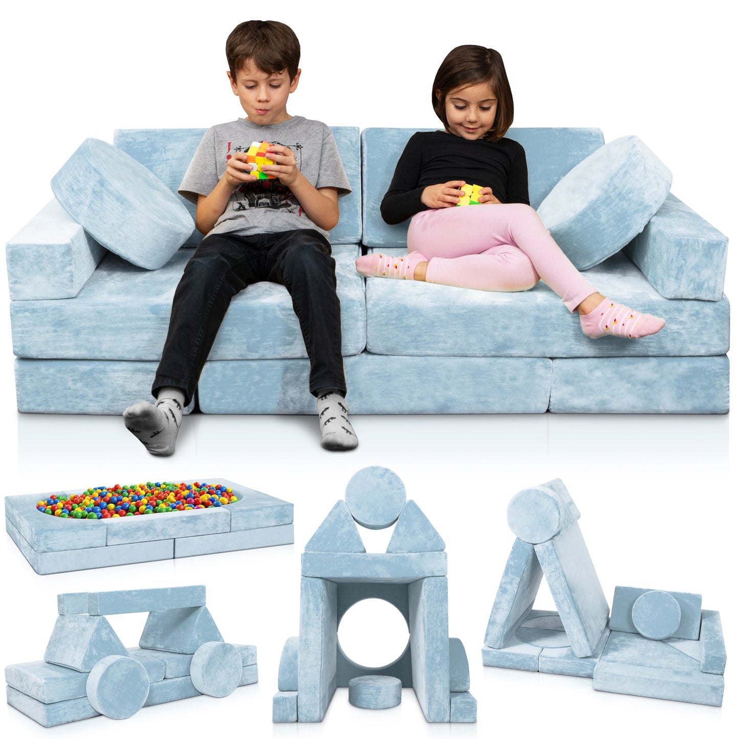LX15 14pcs Modular Play Couch, Serenity Blue
