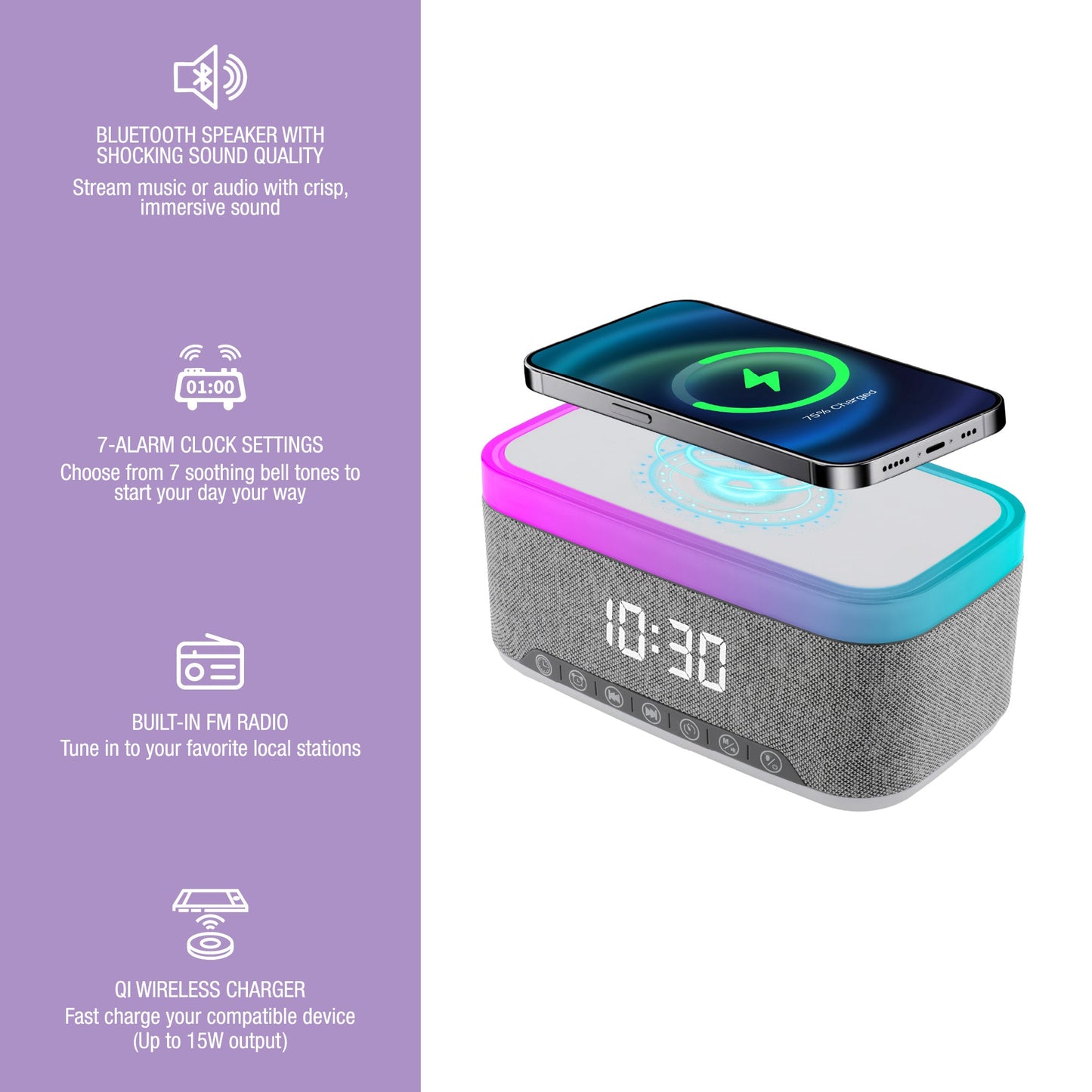 2-in-1 Wireless Charging Alarm Clock and Hi-Res Portable Speaker
