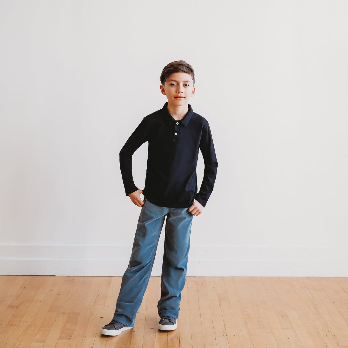 Boys Soft 100% Cotton Jersey 2-Button Long Sleeve Polo Shirt | Charcoal