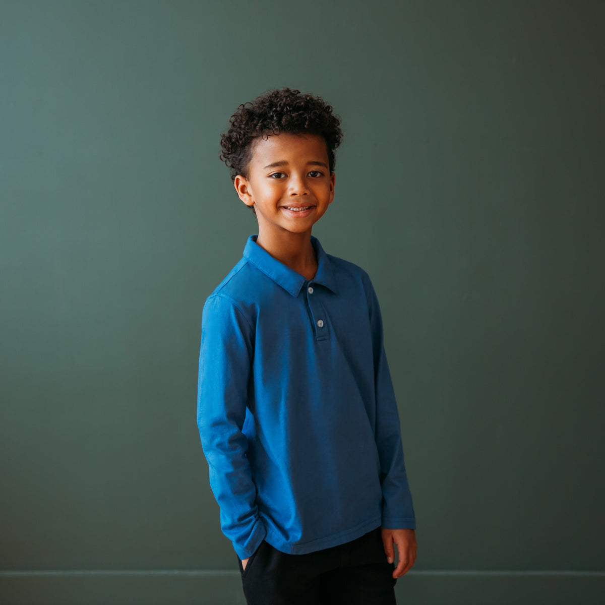Boys Soft 100% Cotton Jersey 2-Button Long Sleeve Polo Shirt | Black