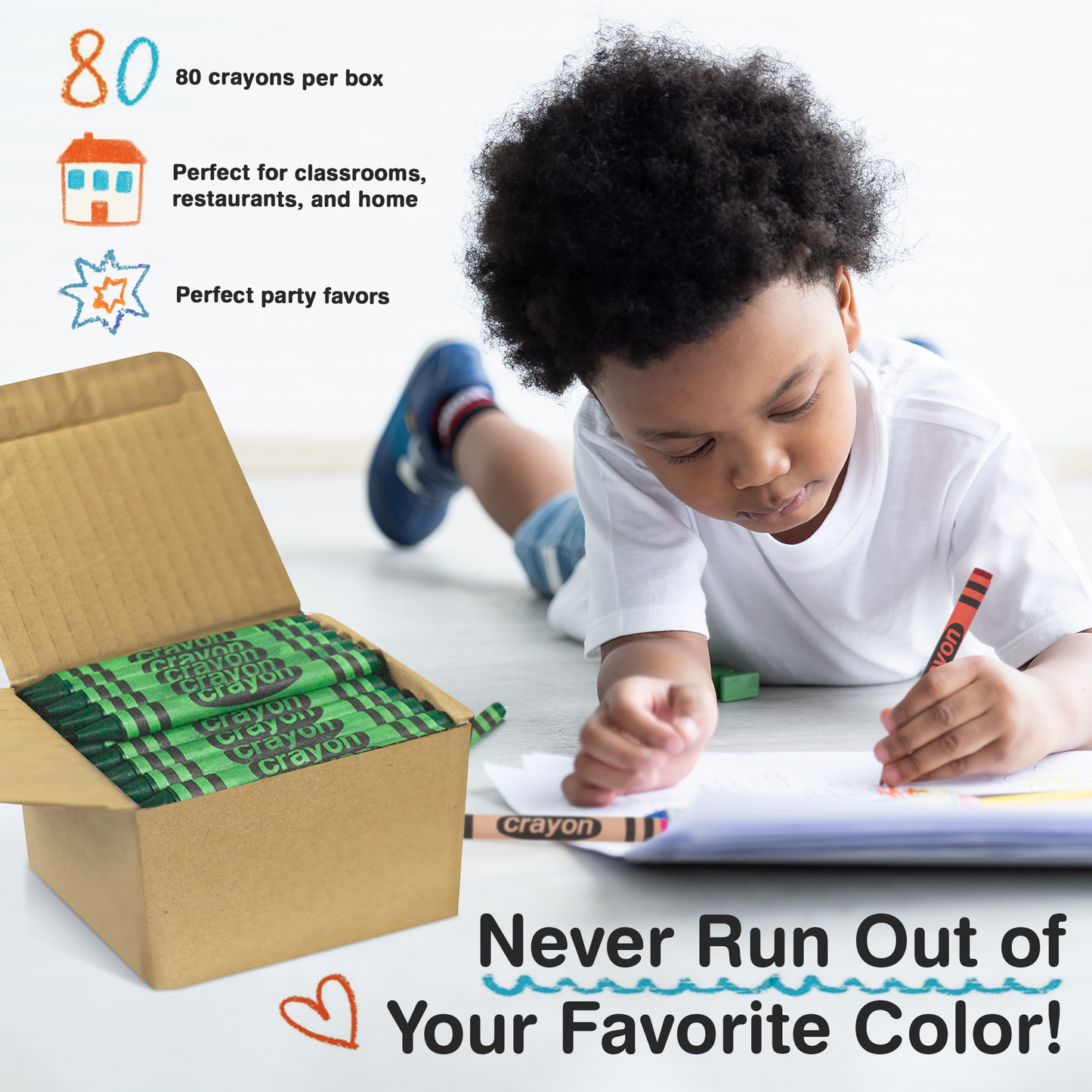 80-Pack Green Crayons Bulk – Standard Size, Non-Toxic, Classroom & Party Supply
