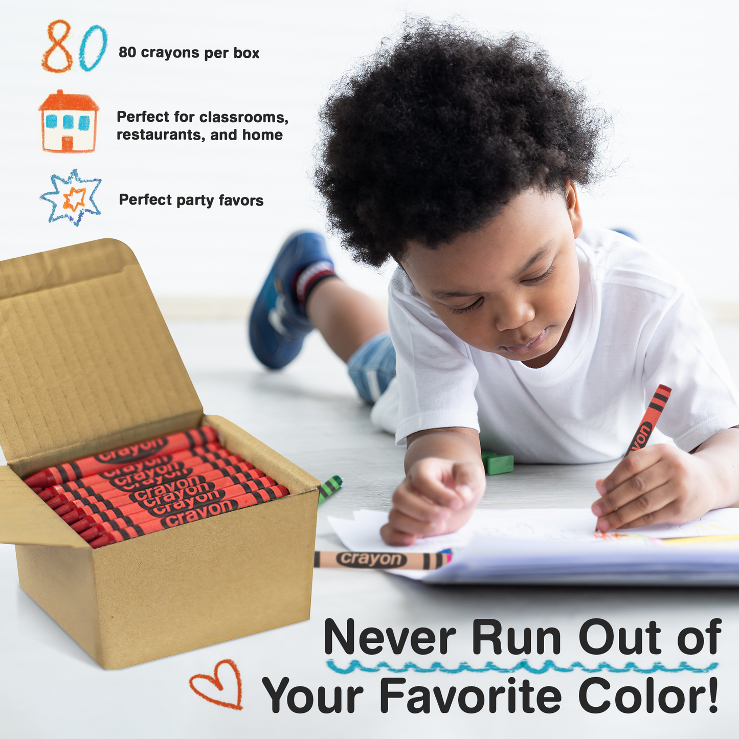 80-Pack Red Crayons Bulk – Standard Size, Non-Toxic, Classroom & Party Supply
