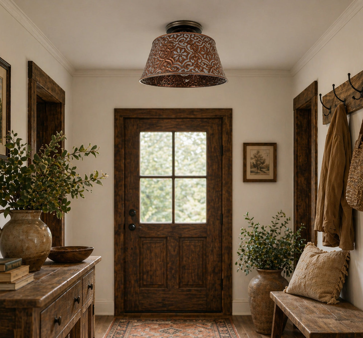 Ornate Copper Farmhouse Ceiling Light | 12" | 4-Bulb Flush Mount