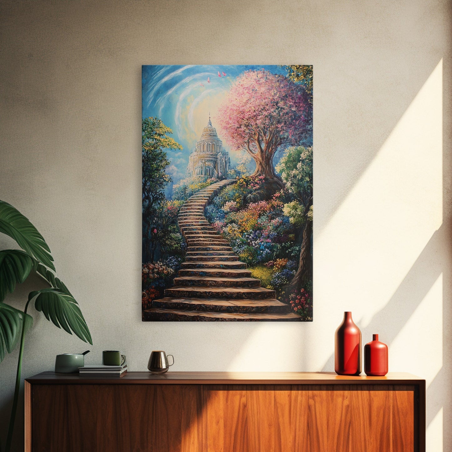 The Steps To The Sky, Framed Canvas Print, Cute Fantasy  Decor, Preppy Wall Art, Gift For Her, Dorm Wall Art, Landscape Painting