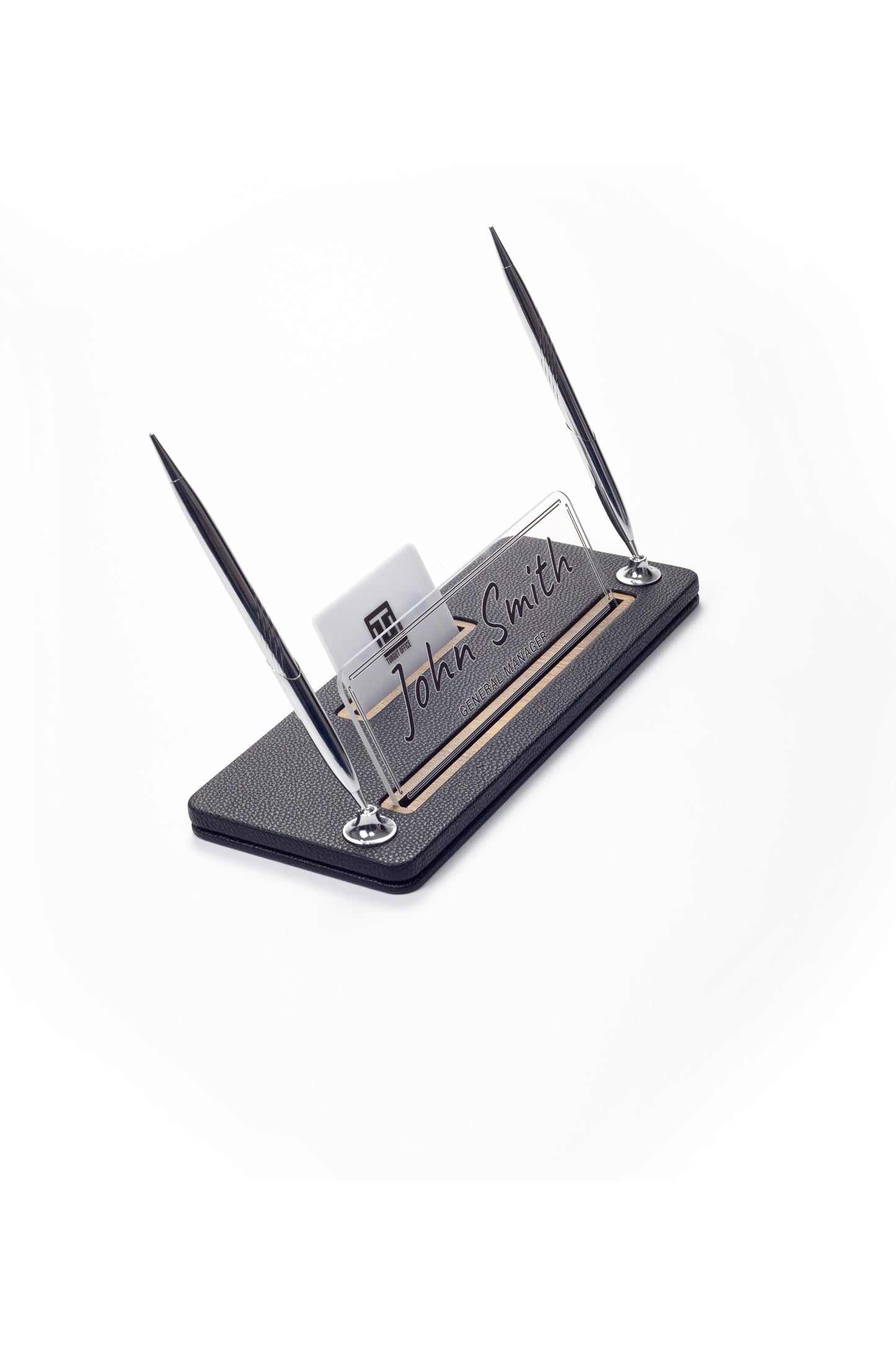 Leather Desk Name Holder with Two Pens Black Wood Detail