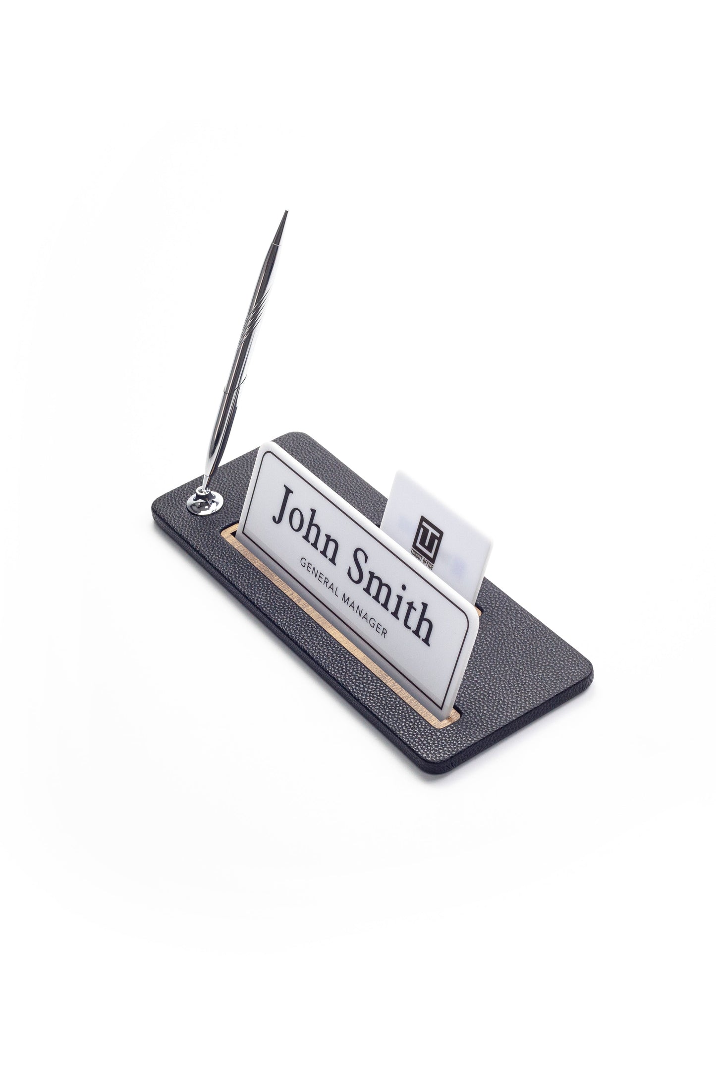 Leather Desk Name Holder Wood Detail