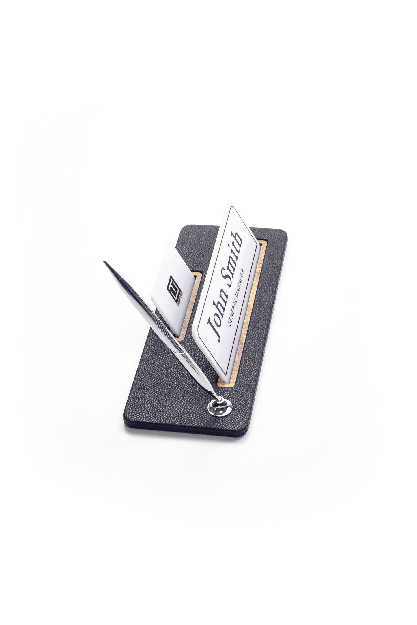 Leather Desk Name Holder Wood Detail