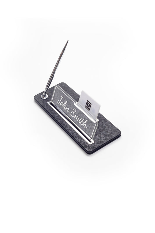 Leather Desk Name Holder Chrome Detailed