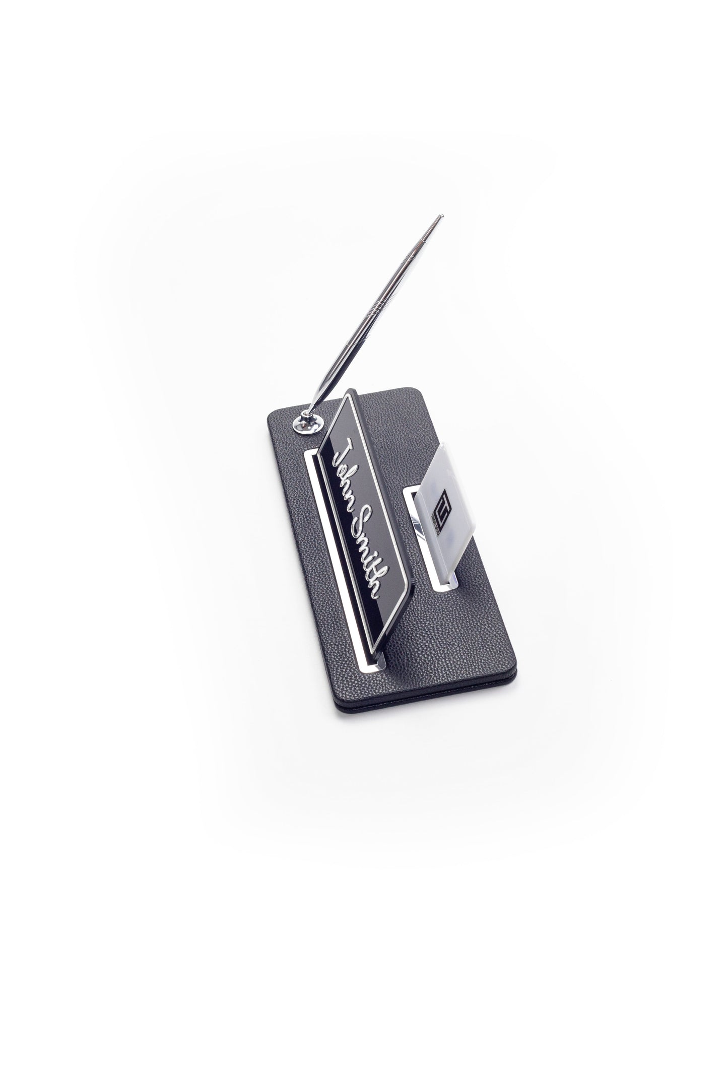 Leather Desk Name Holder Chrome Detailed