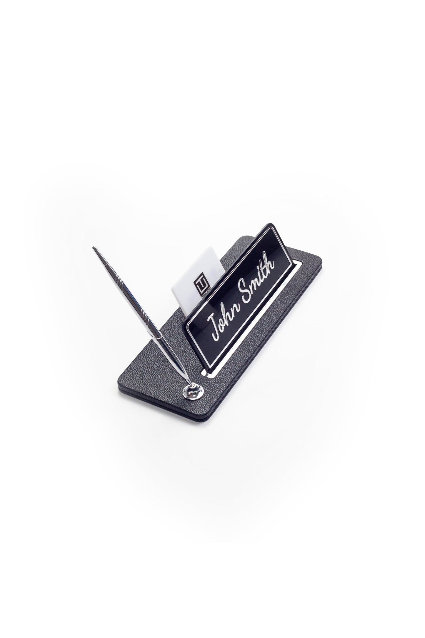 Leather Desk Name Holder Chrome Detailed