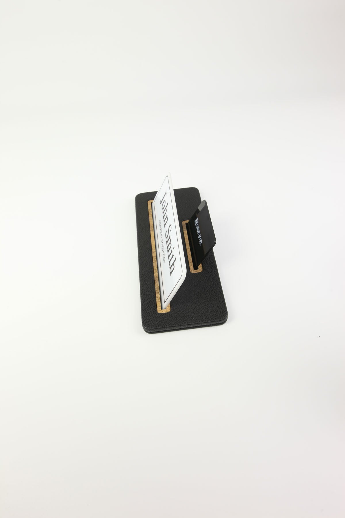 Leather Desk Nameplate Black Wood Detail - Nameplate and Business Card Holder