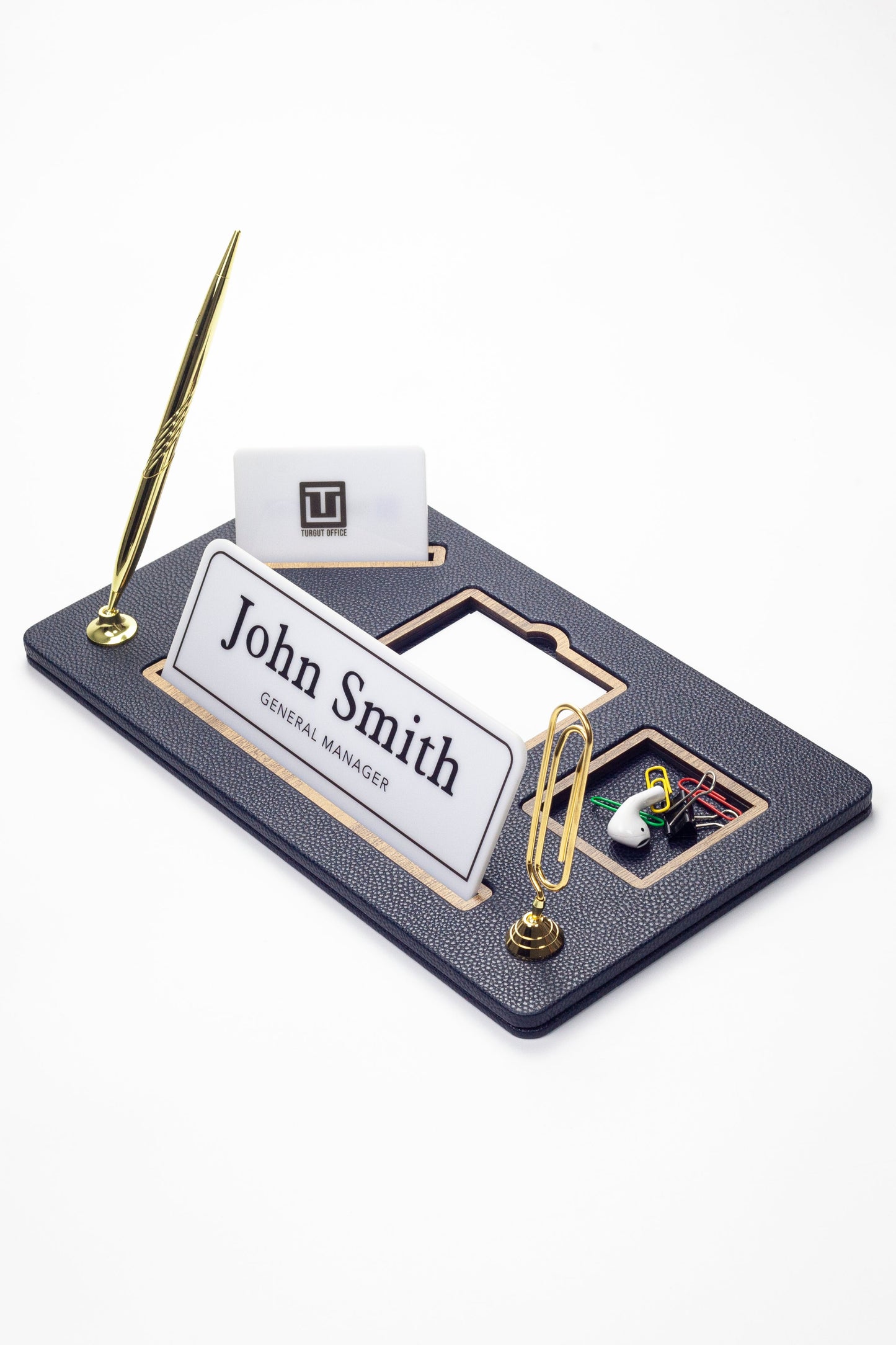 Organizer Leather Desk Nameplate Wood Detailed