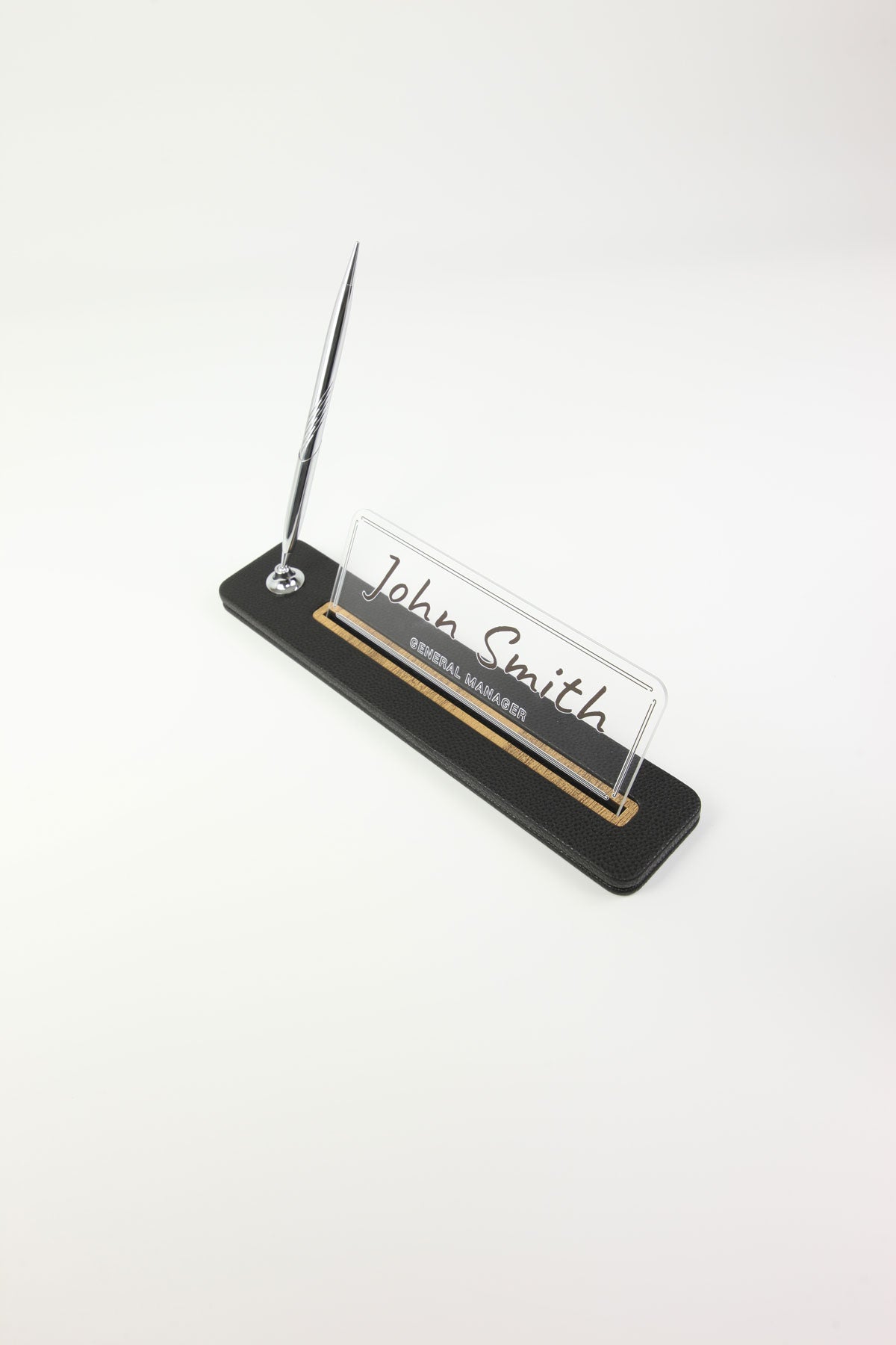 Leather Desktop Nameplate with Pen Black Wood Detail - Nameplate and Signature Pen