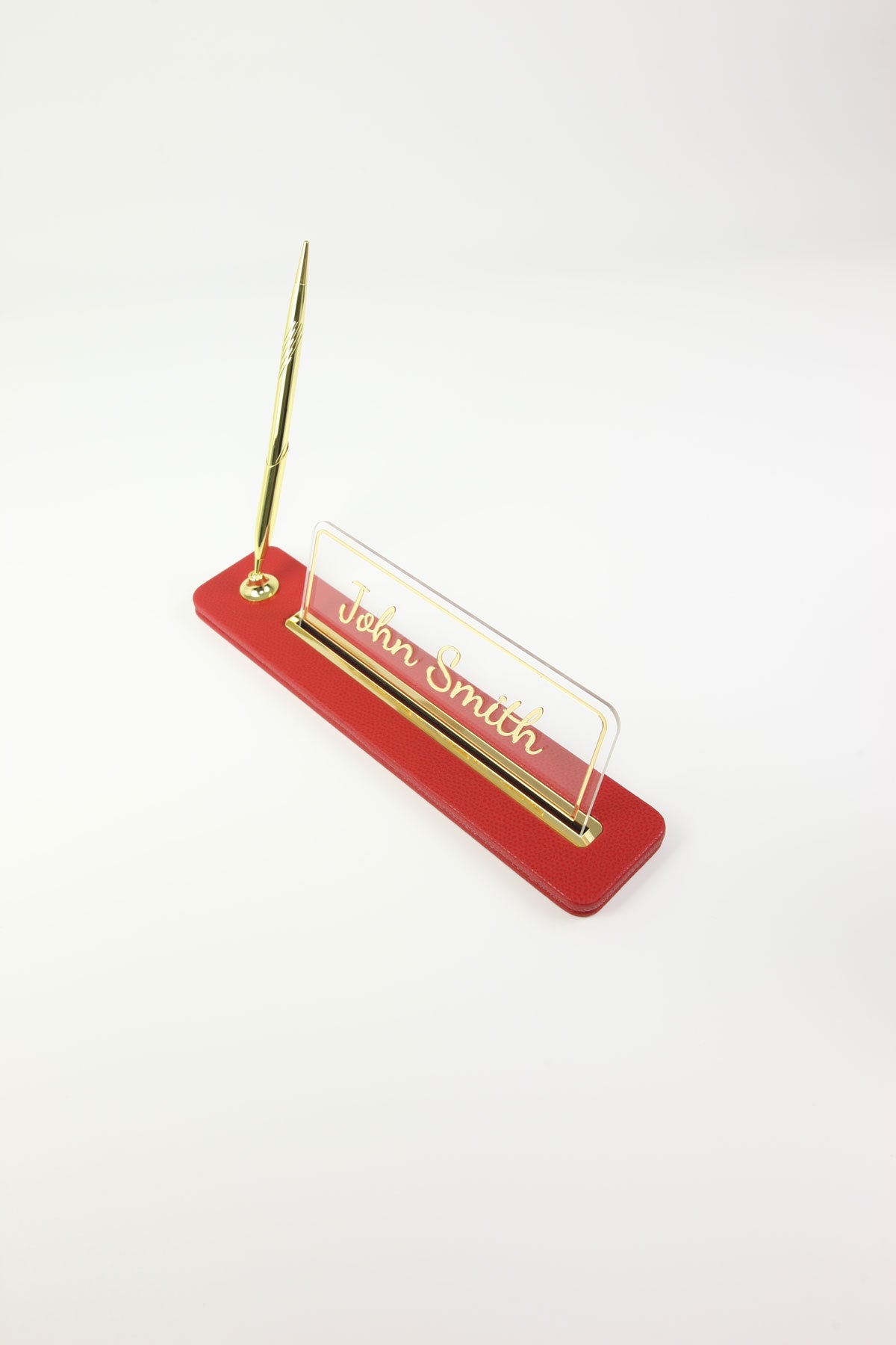 Leather Desktop Nameplate with Pen Black Gold Detailed - Nameplate and Signature Pen