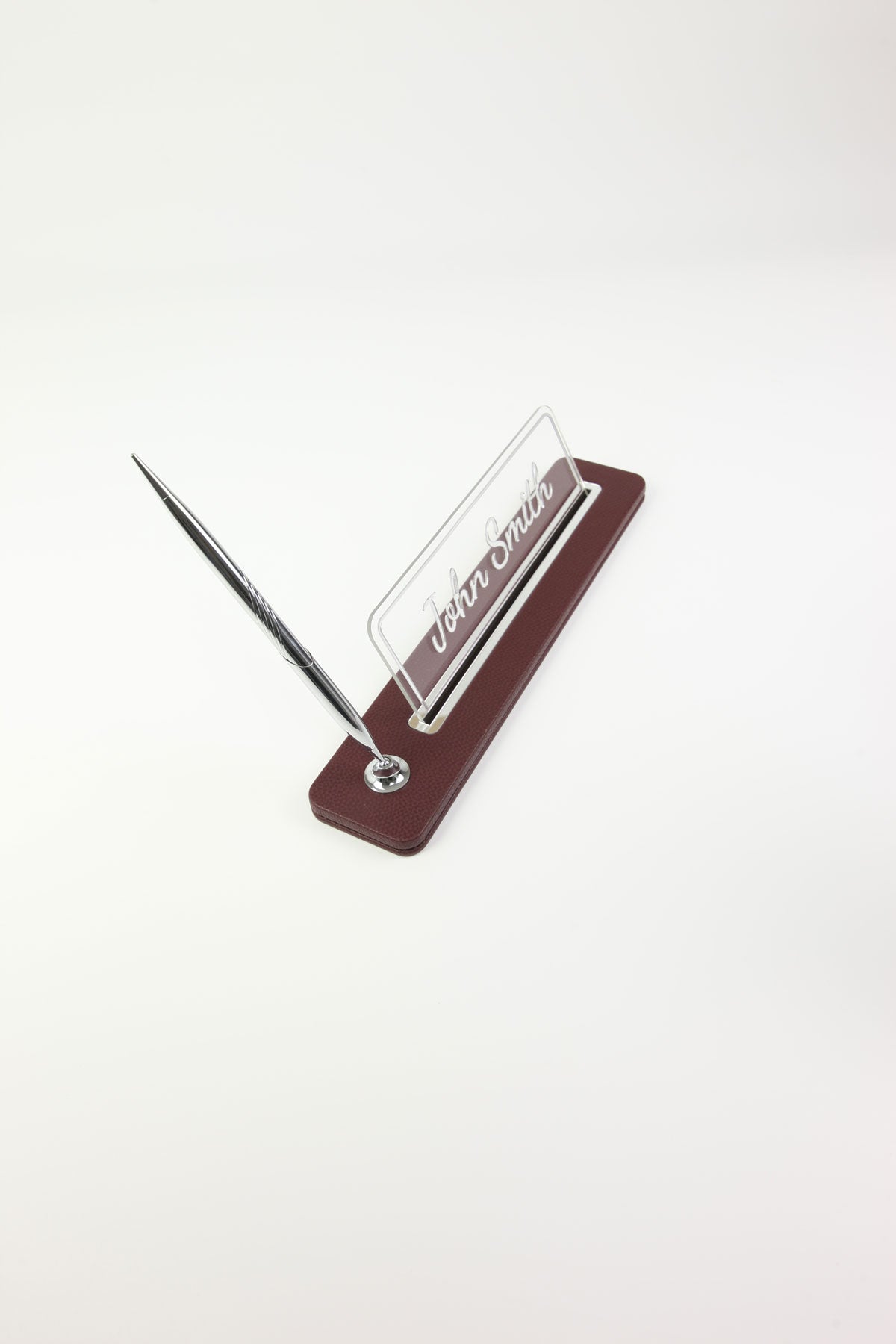 Leather Desktop Nameplate with Pen Black Chrome Detailed - Nameplate and Signature Pen