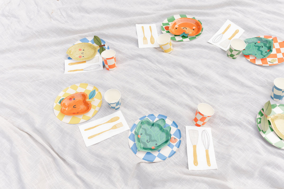 Little Chef Birthday Party Supplies Pack (Serves 12) | Kids Cooking & Baking Themed Party Kit | Checkered Plates, Cups & Tableware Set