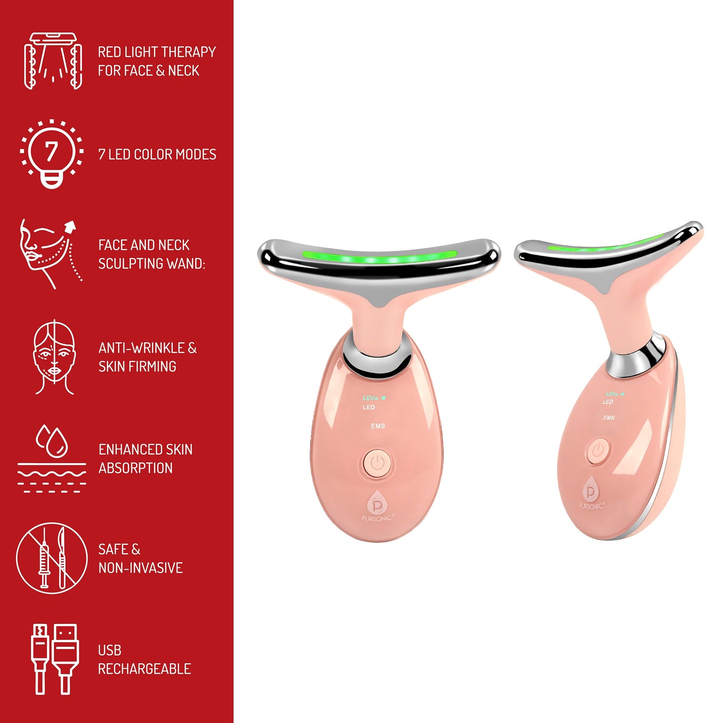 Total Neck & Face Rejuvenation: Pursonic Red Light Therapy Neck Wrap & 7-in-1 Sculpting Wand