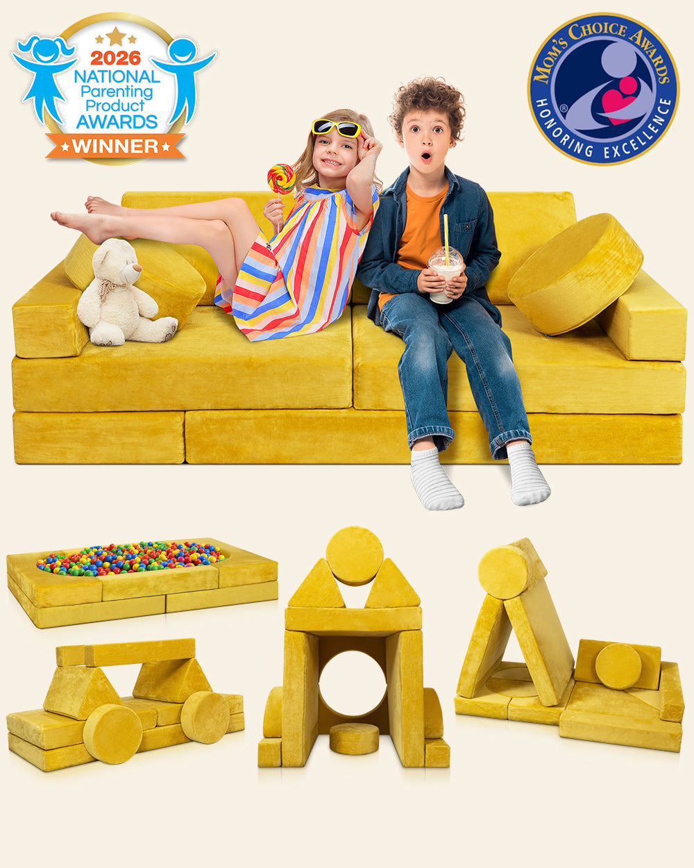 LX15 14pcs Modular Play Couch, Amber Yellow