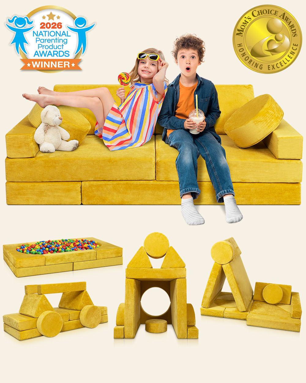 LX15 14pcs Modular Play Couch, Amber Yellow