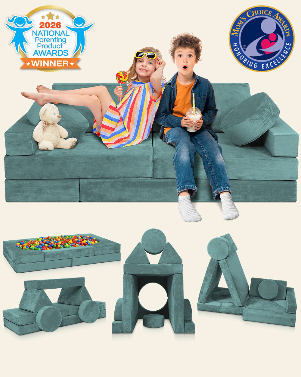 LX15 14pcs Modular Play Couch, Sage Teal