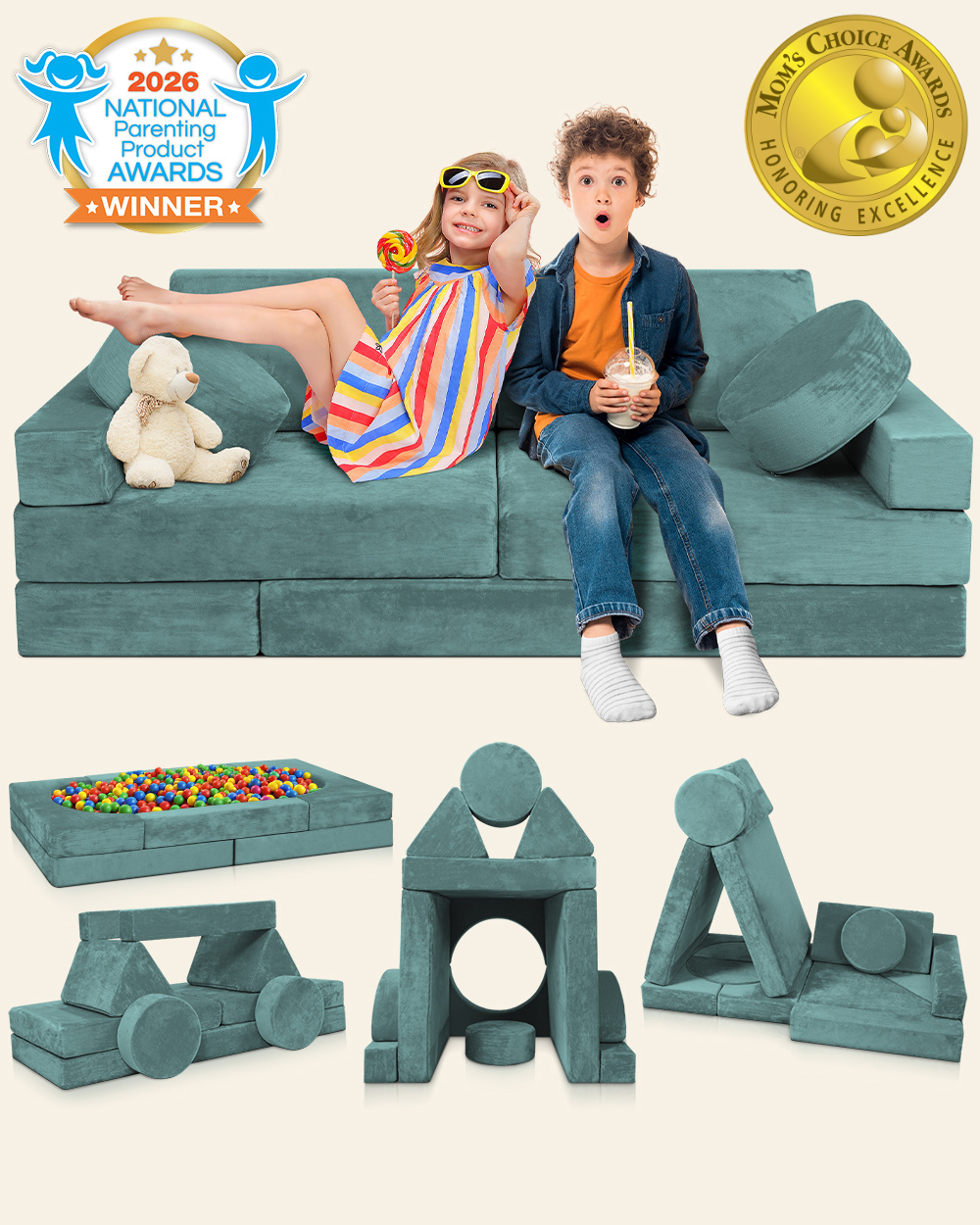 LX15 14pcs Modular Play Couch, Sage Teal