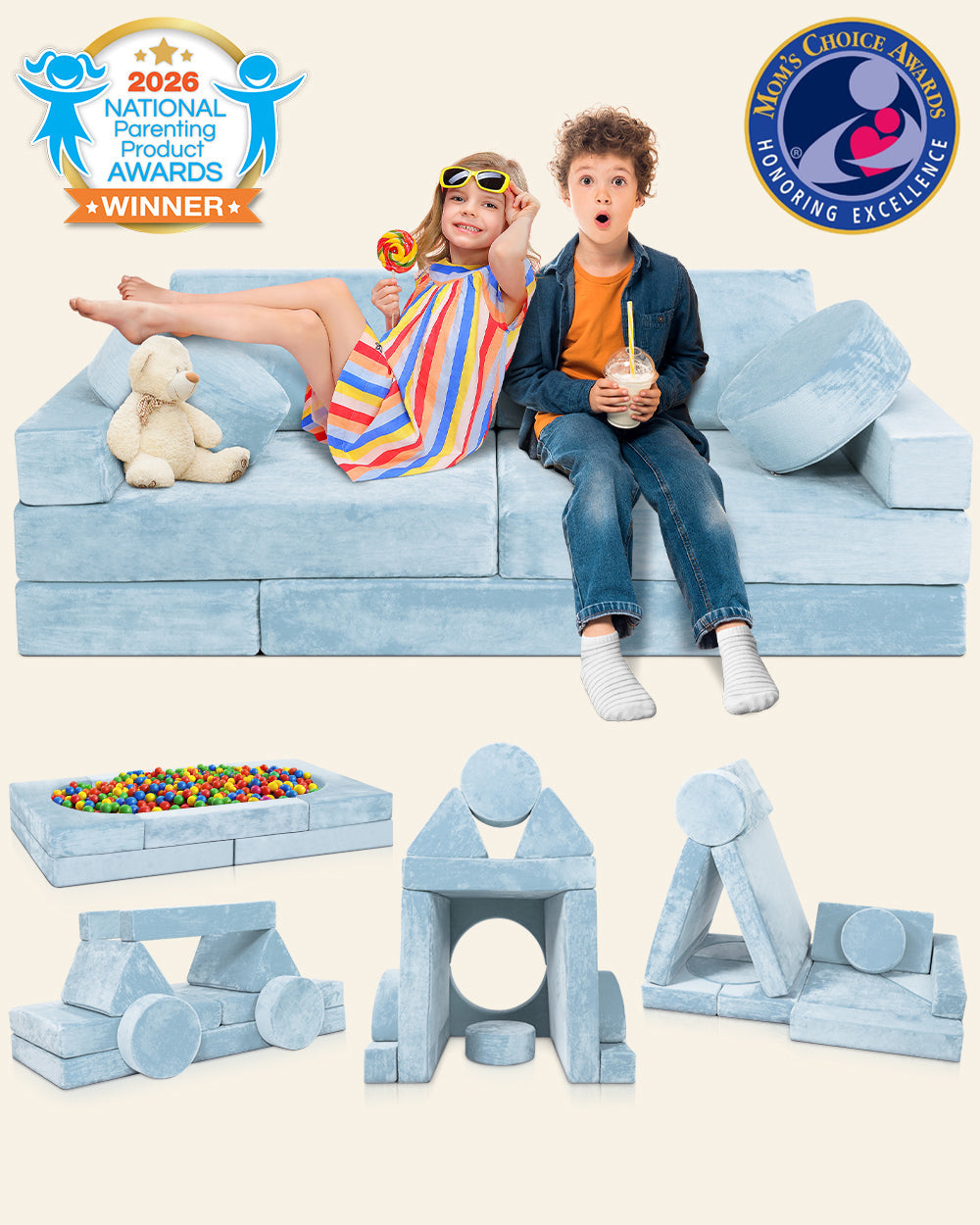 LX15 14pcs Modular Play Couch, Serenity Blue