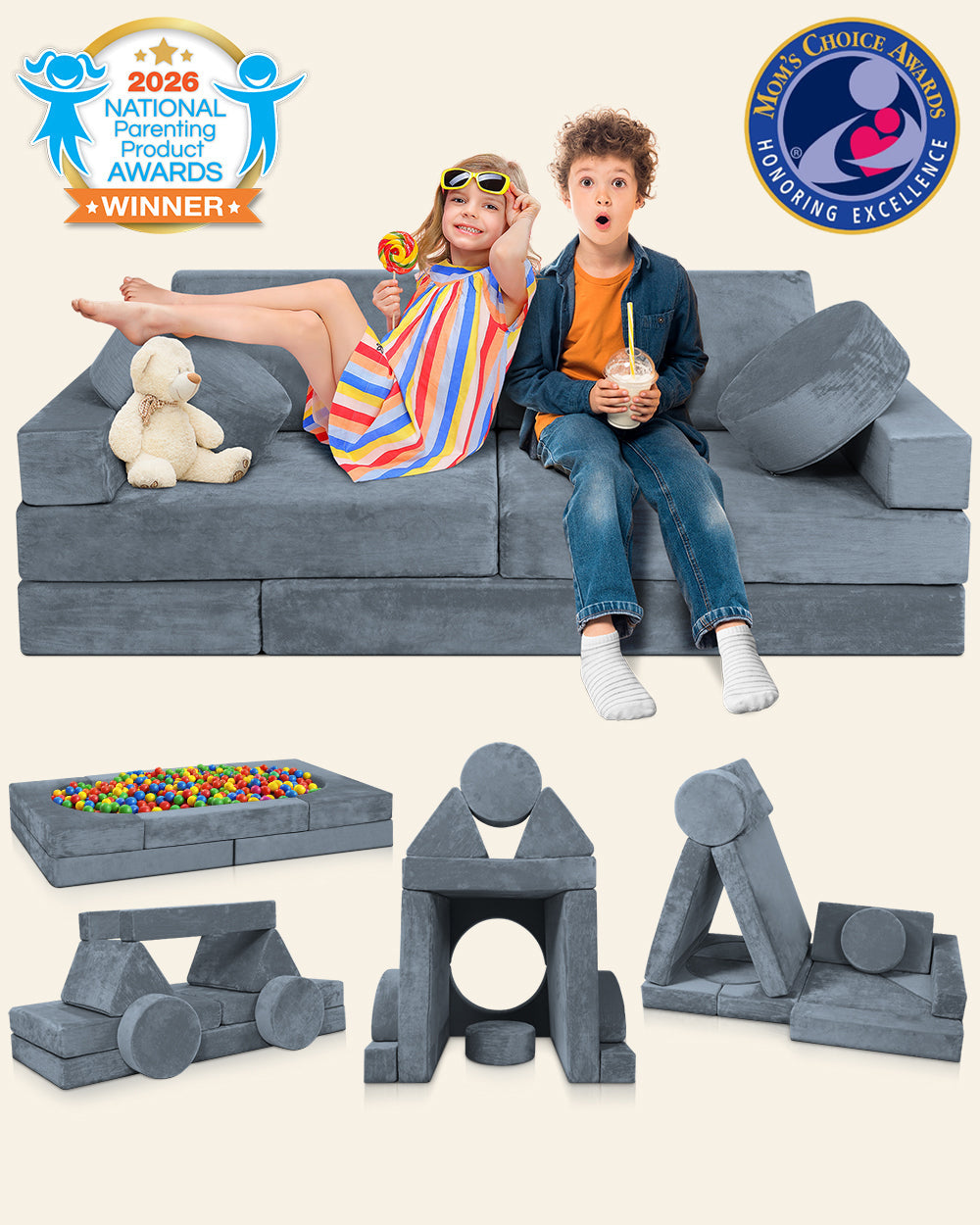 LX15 14pcs Modular Play Couch, Stone Gray