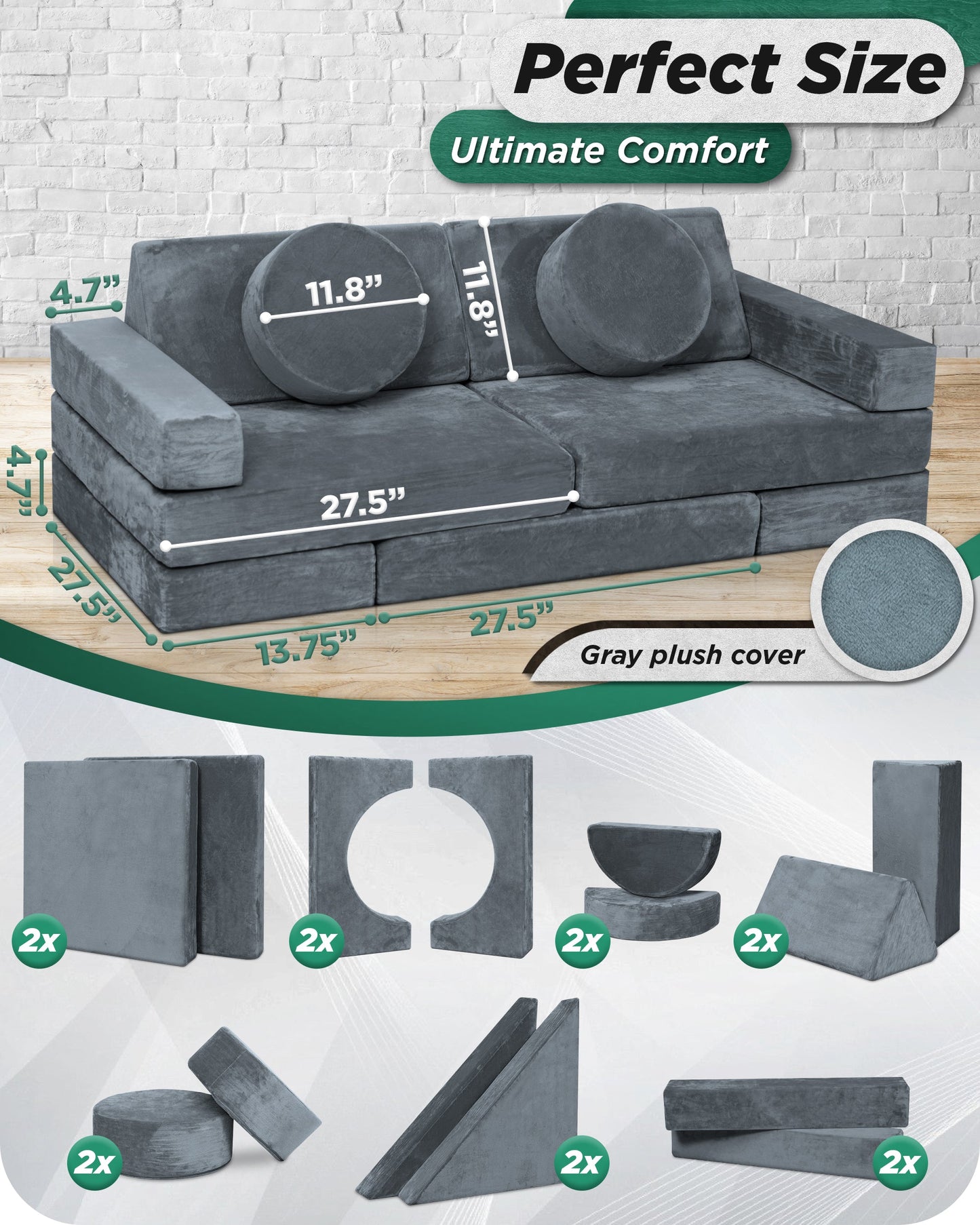 LX15 14pcs Modular Play Couch, Stone Gray