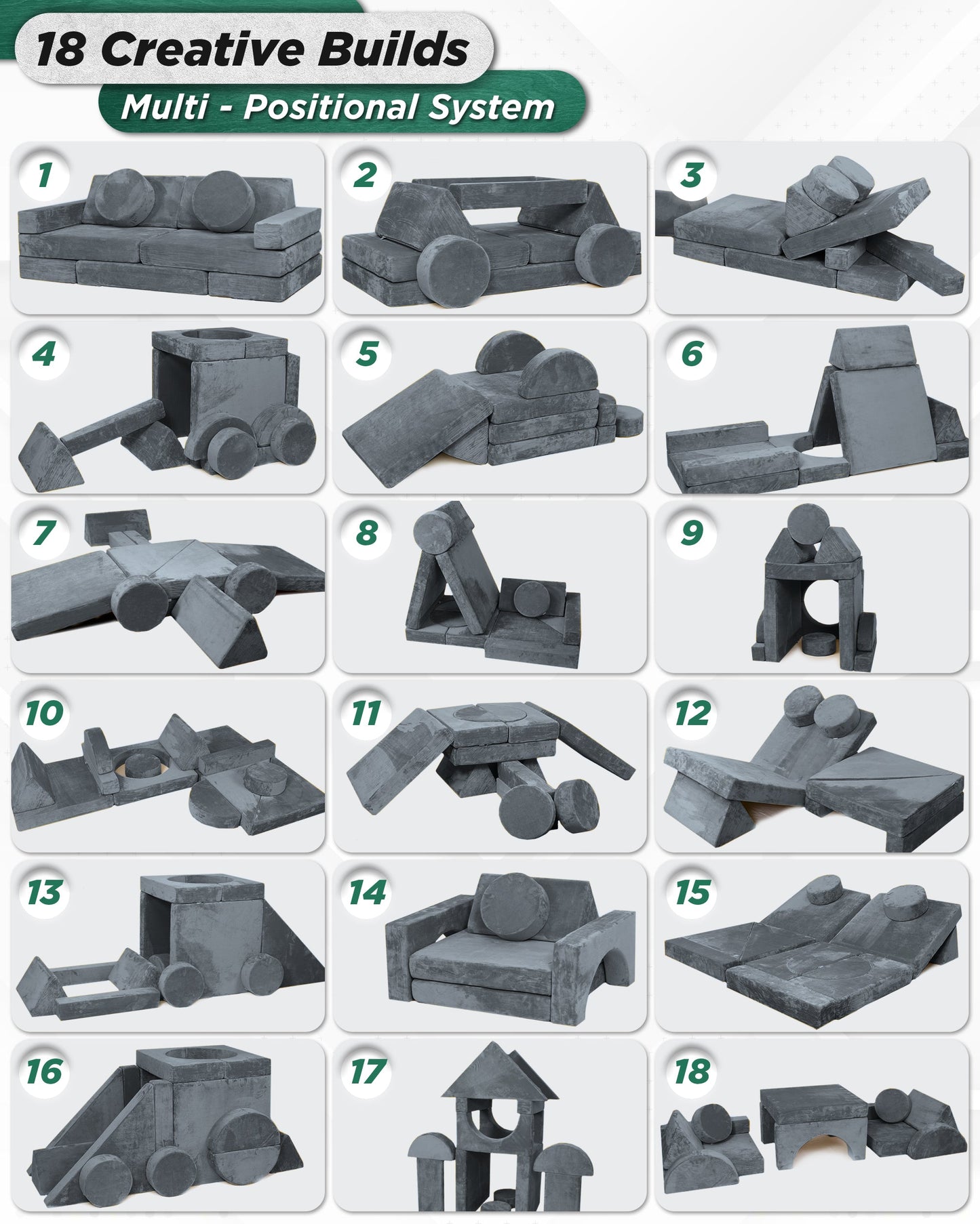 LX15 14pcs Modular Play Couch, Stone Gray