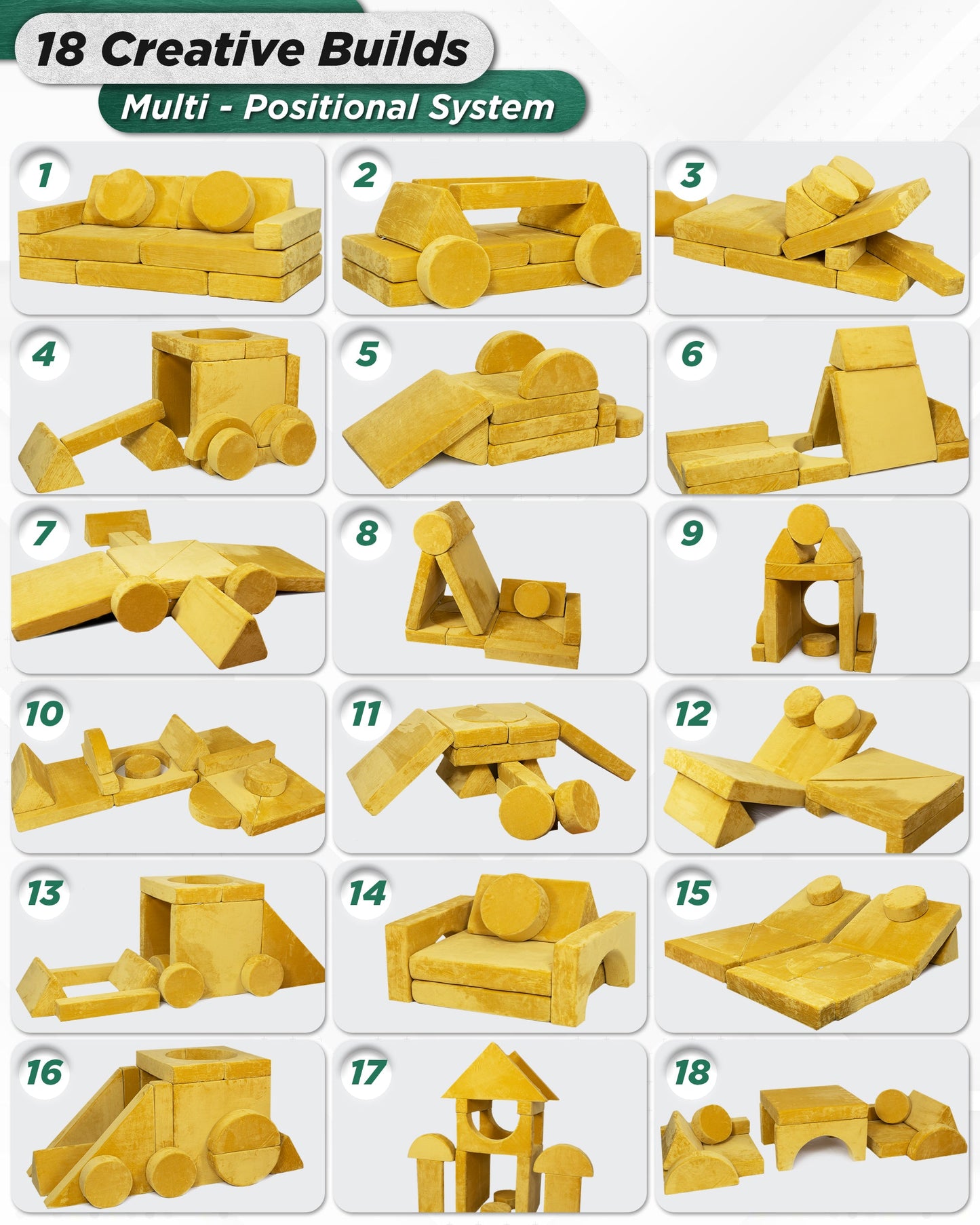 LX15 14pcs Modular Play Couch, Amber Yellow