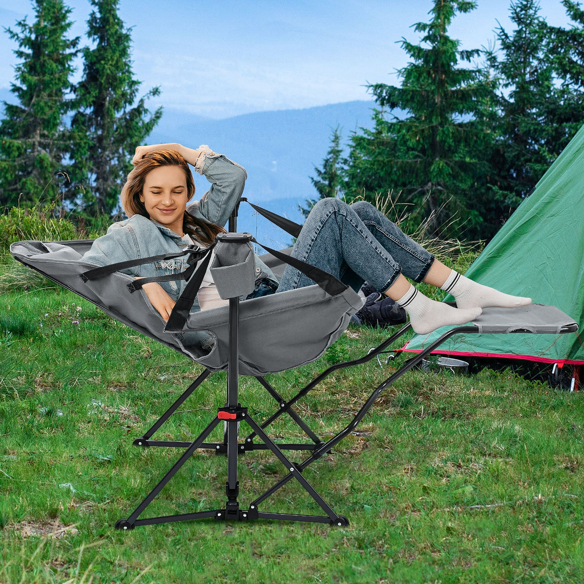 Ainfox Hammock Camping Chair with Footrest, Foldable Portable Rocking Chairs for Adults Outside Swinging Camp for Outdoor Patio Poolside