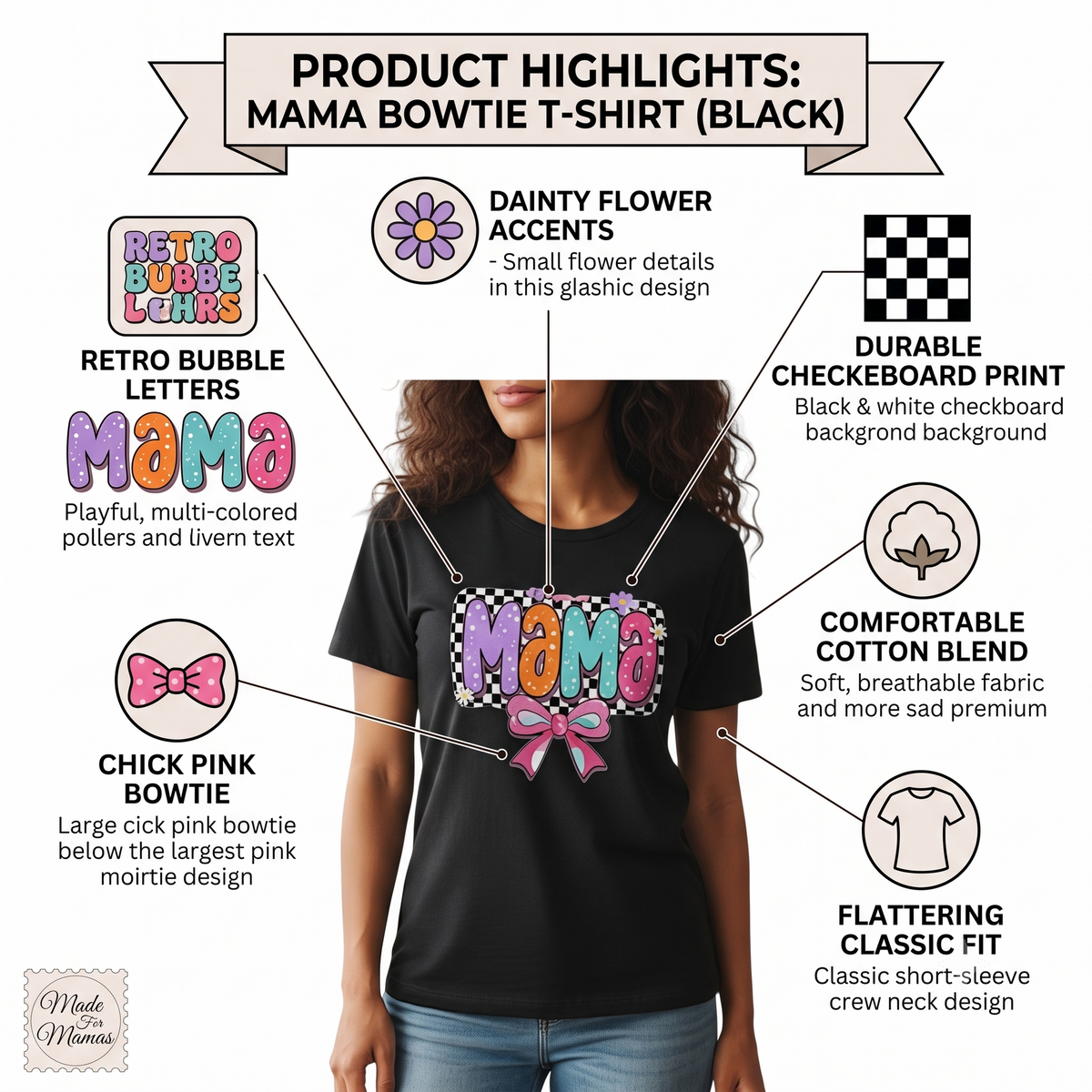 Mama T-Shirt Checkerboard Bow Graphic Tee 100% Cotton Casual Top