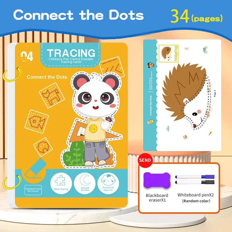 Reusable 34-Page Kids Workbook with Erasable Pen — Early Writing & Drawing Practice, Pen Control Training, Educational Gift