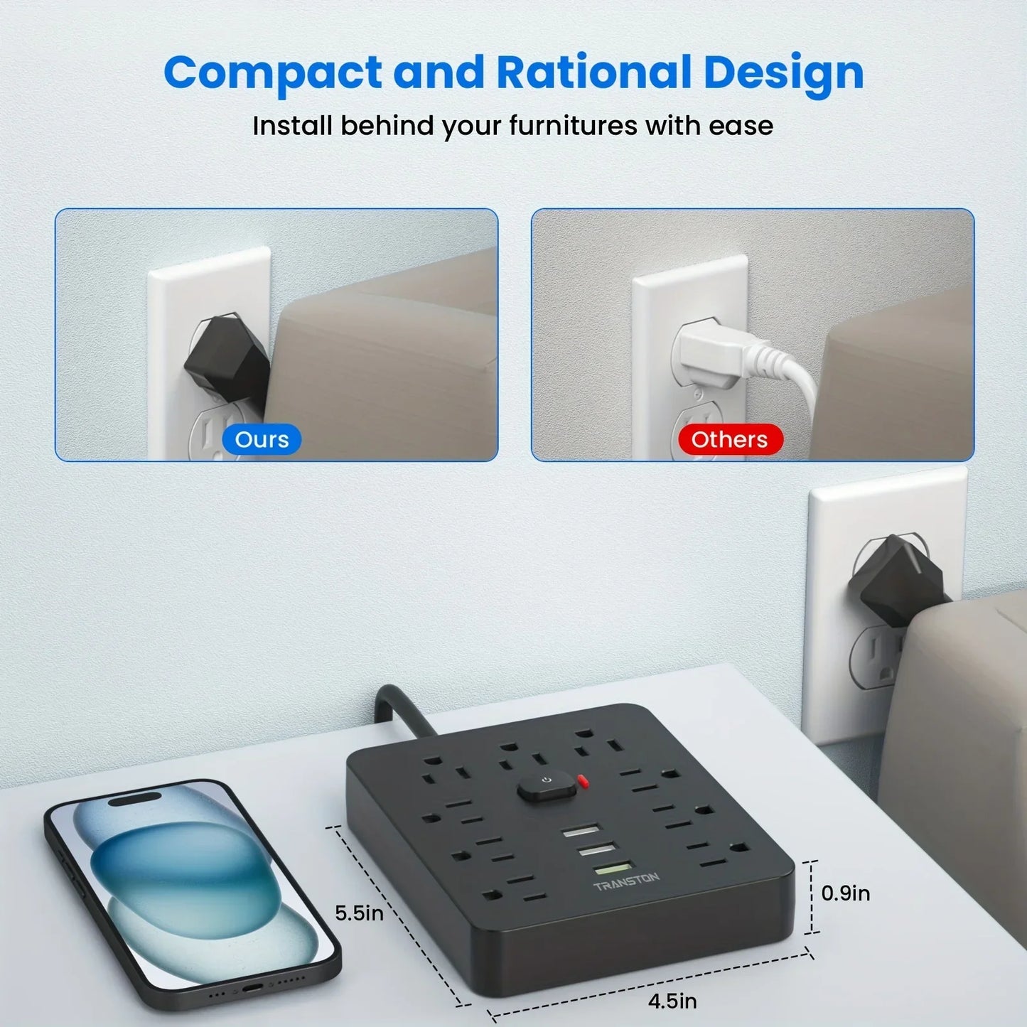 power strip Power Outlet with Surge Protector, 9 ac, 3 USB Ports, 10-Foot Extension Cord, Quick Charge, for Home and Office