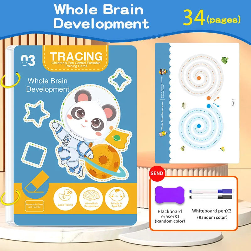 Reusable 34-Page Kids Workbook with Erasable Pen — Early Writing & Drawing Practice, Pen Control Training, Educational Gift