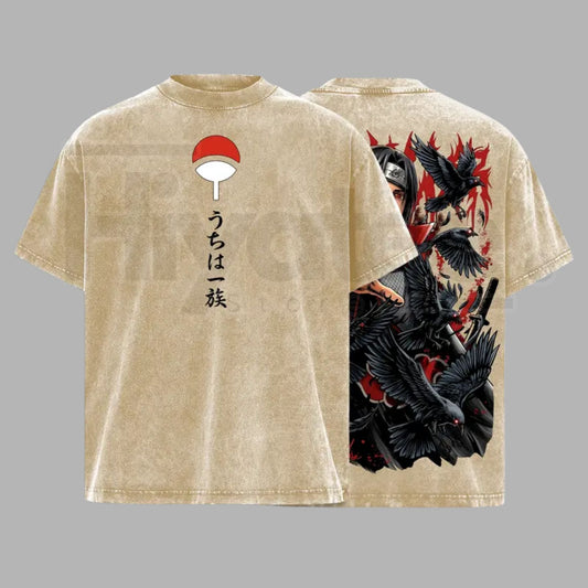 Uchiha Clan Slayer Vintage Washed T-Shirt – Dark Ninja Illusion Oversized Graphic Tee