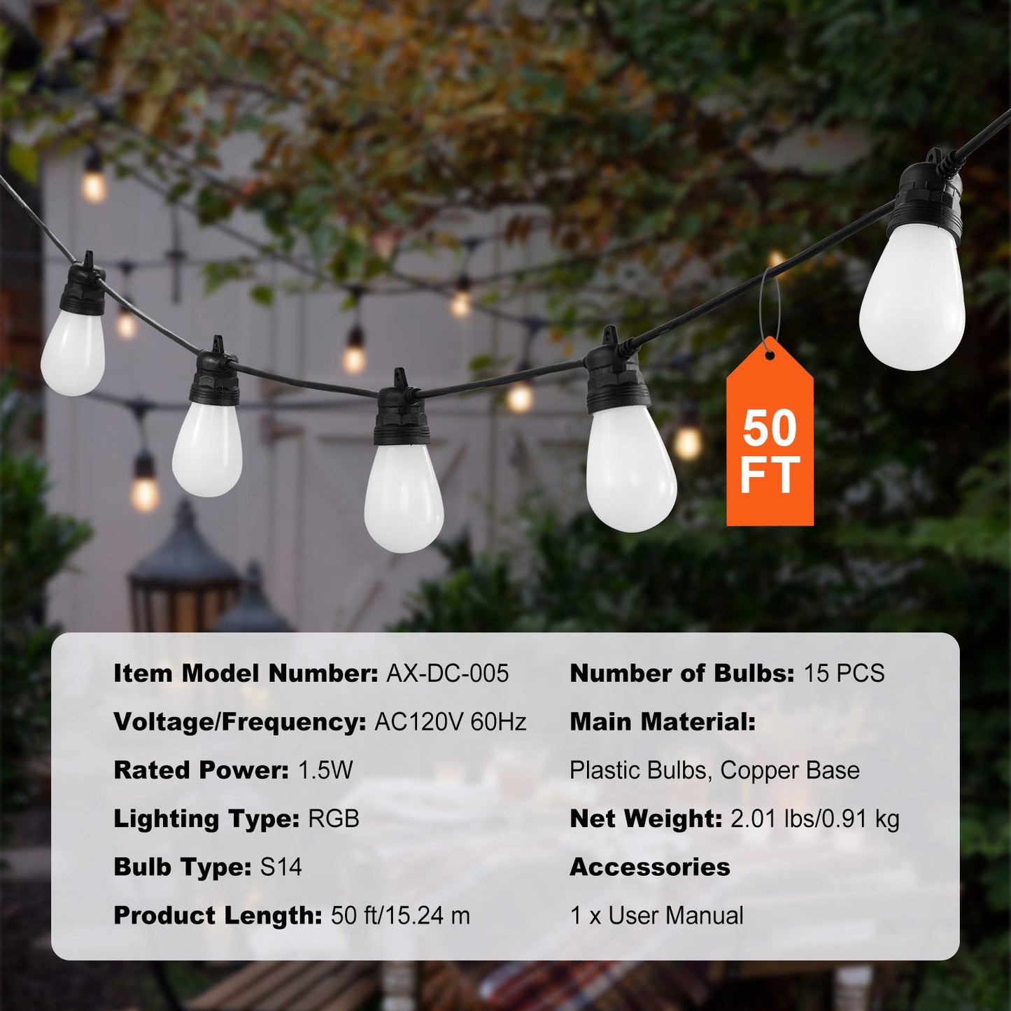RGB Outdoor String Lights - 50FT Waterproof Patio Lights